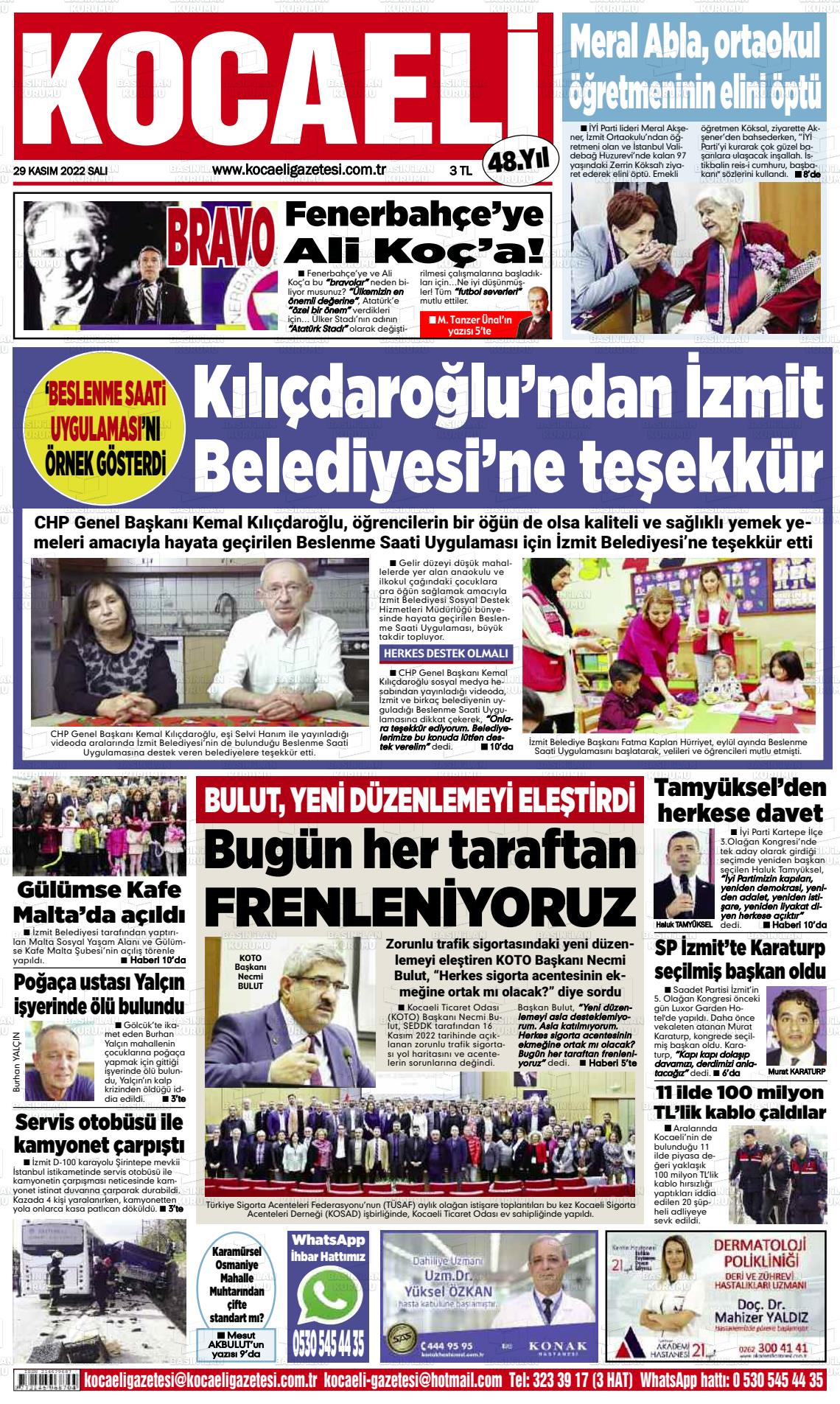 29 Kasım 2022 Kocaeli Gazete Manşeti