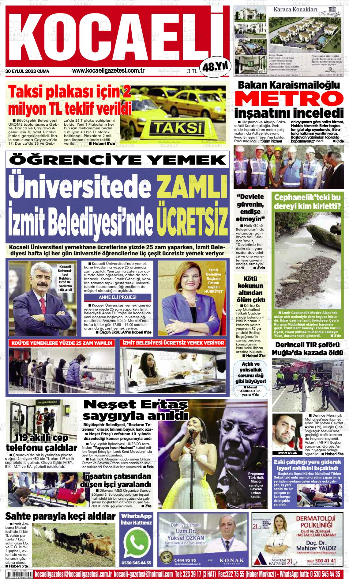 30 Eylül 2022 Kocaeli Gazete Manşeti