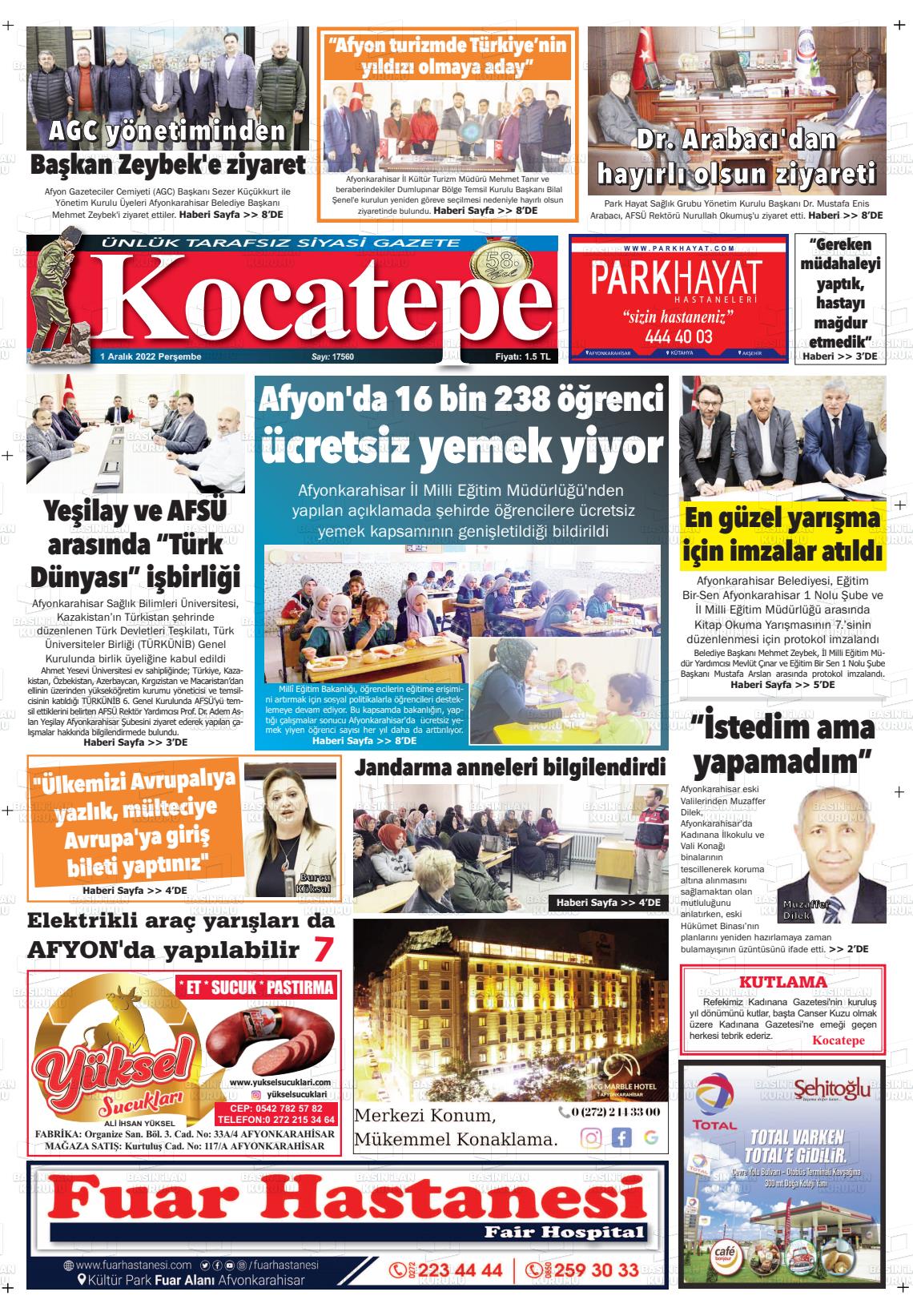 01 Aralık 2022 Kocatepe Gazete Manşeti