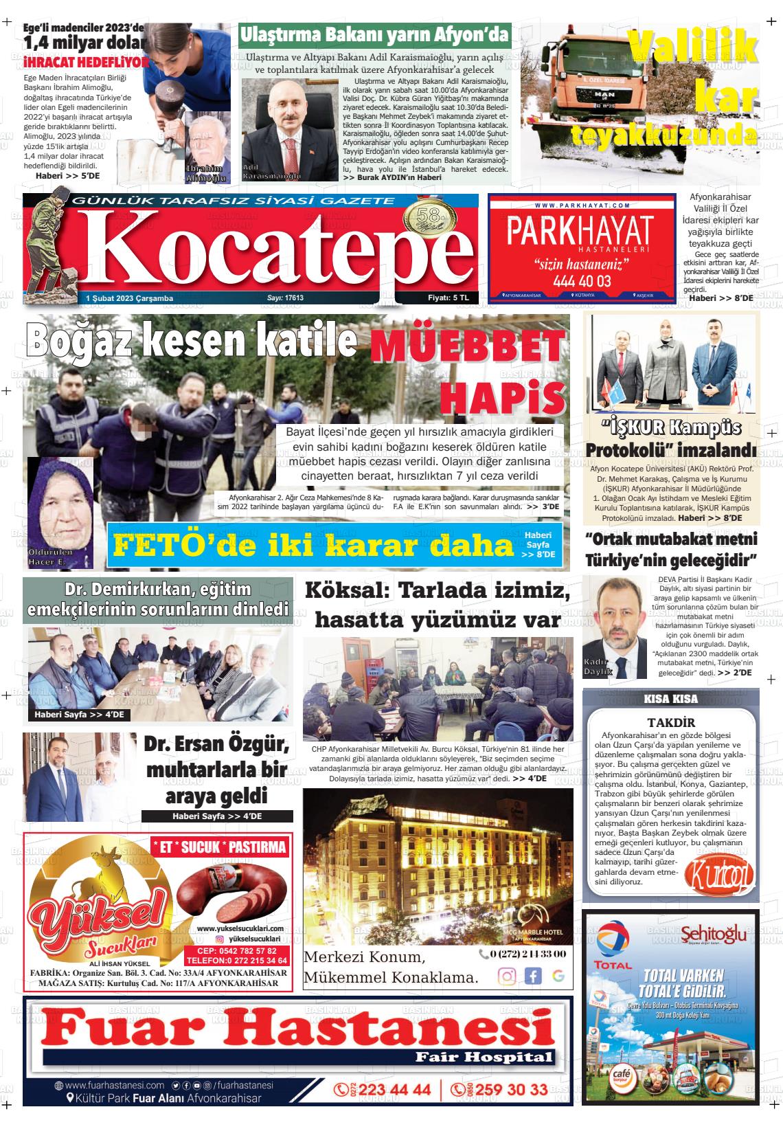 01 Şubat 2023 Kocatepe Gazete Manşeti