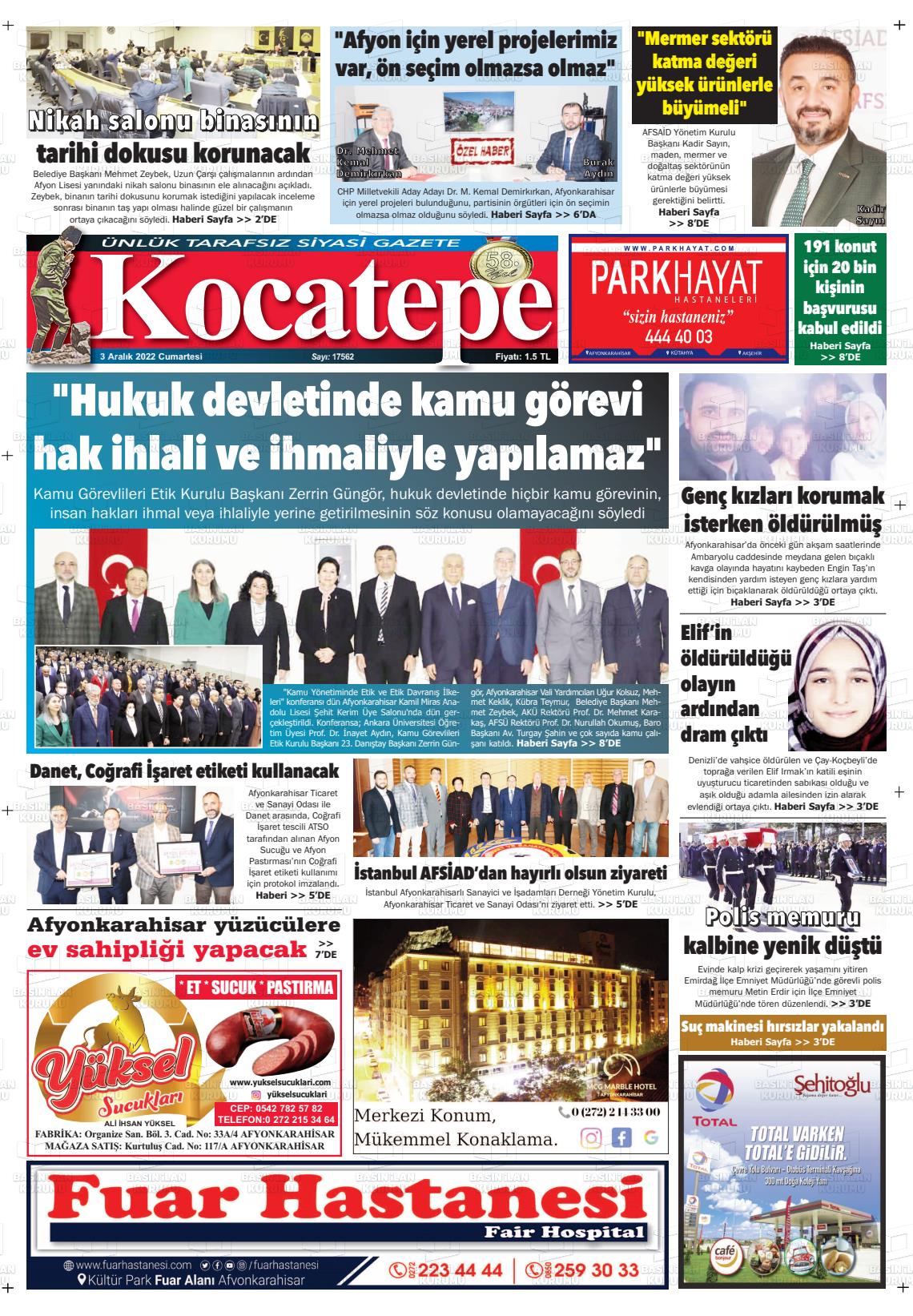 03 Aralık 2022 Kocatepe Gazete Manşeti
