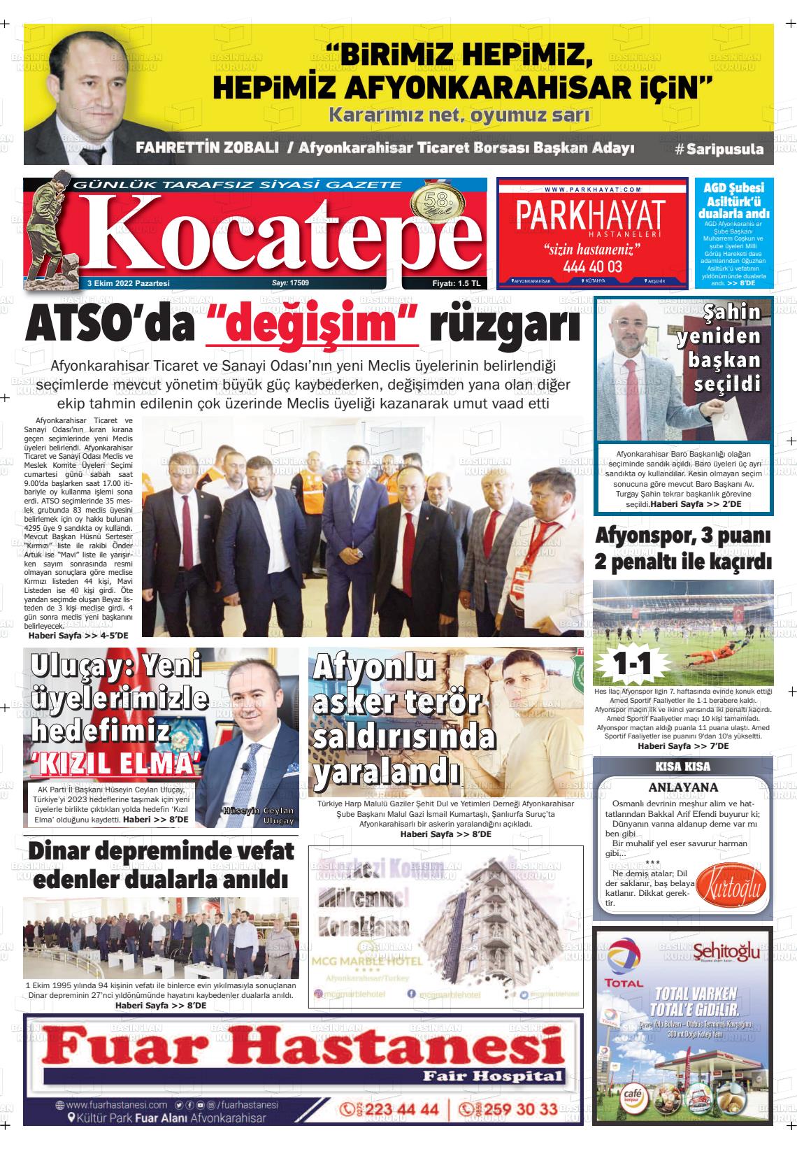 03 Ekim 2022 Kocatepe Gazete Manşeti