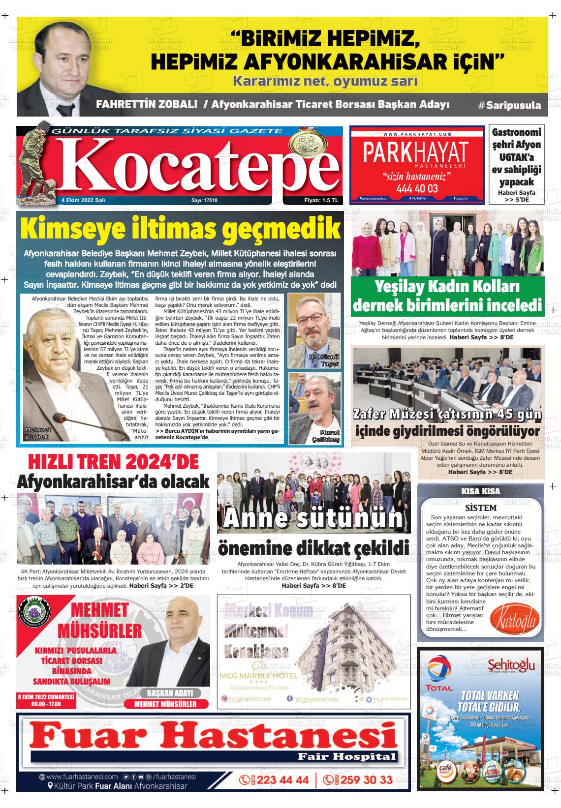 04 Ekim 2022 Kocatepe Gazete Manşeti