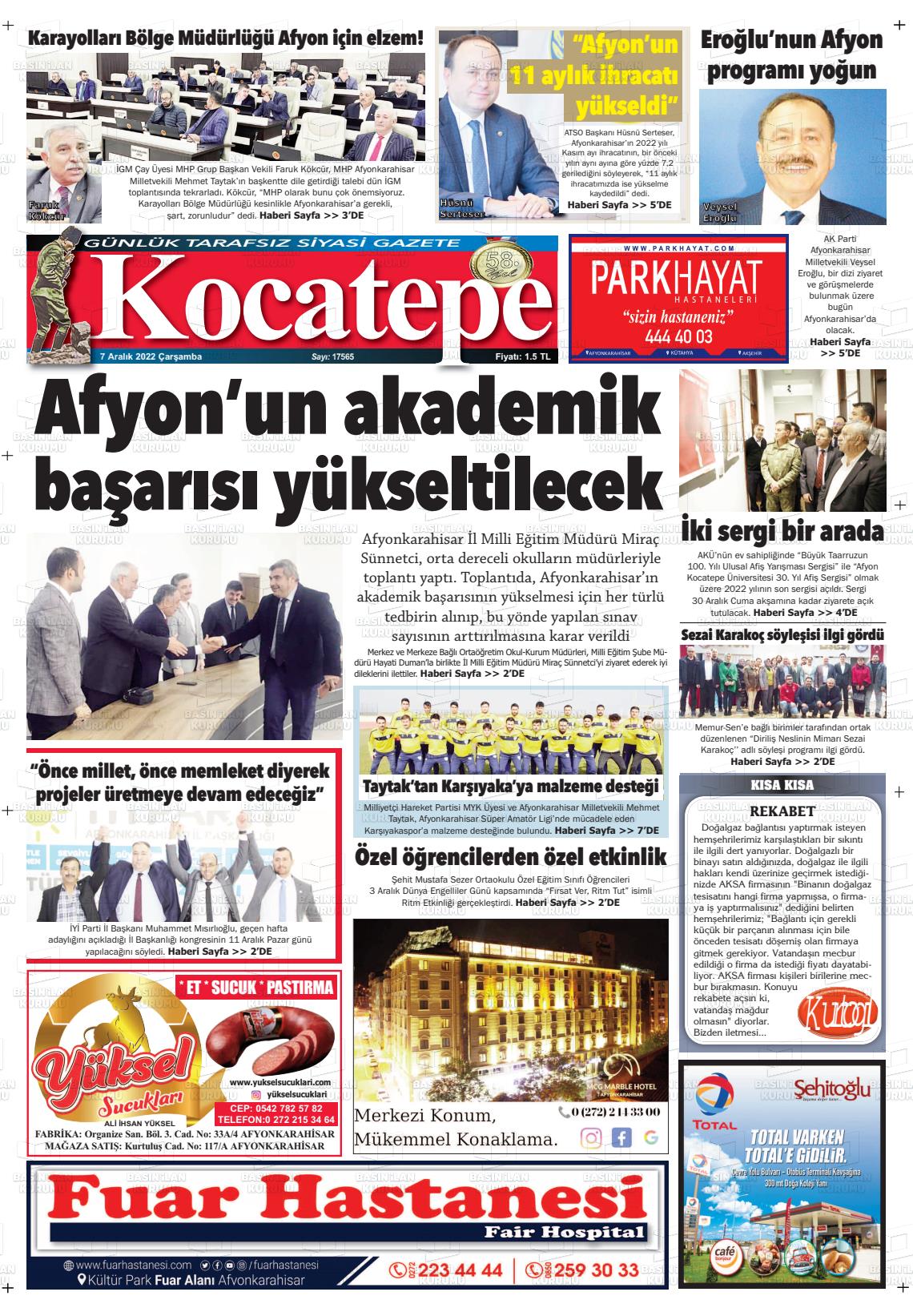 07 Aralık 2022 Kocatepe Gazete Manşeti