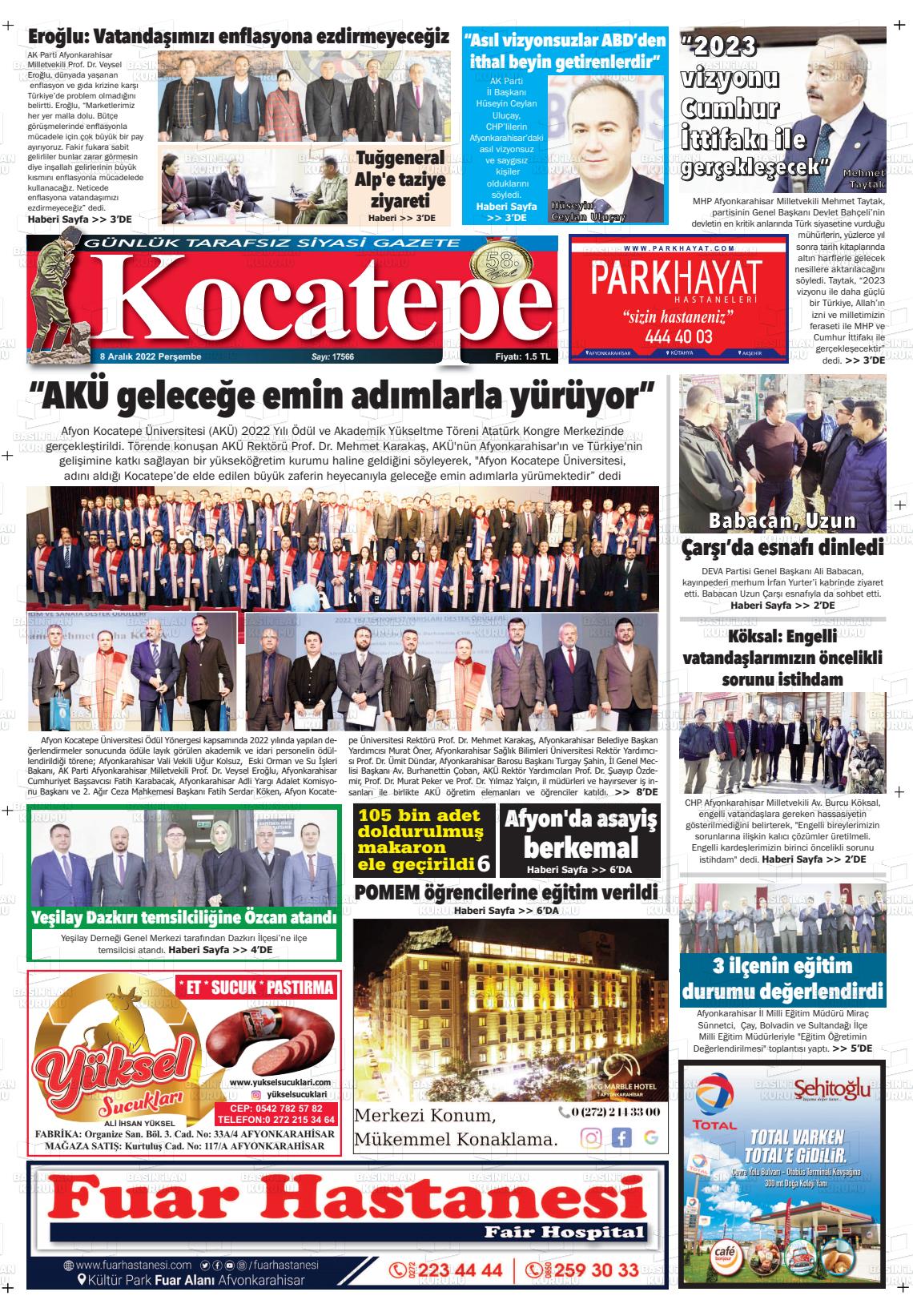 08 Aralık 2022 Kocatepe Gazete Manşeti