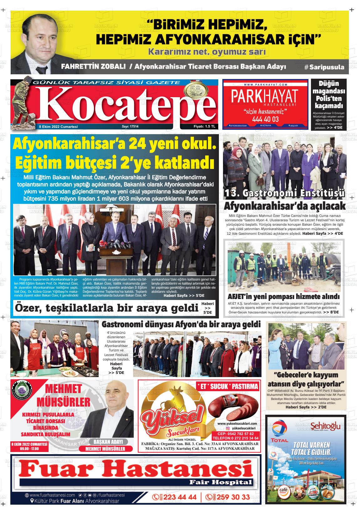 08 Ekim 2022 Kocatepe Gazete Manşeti