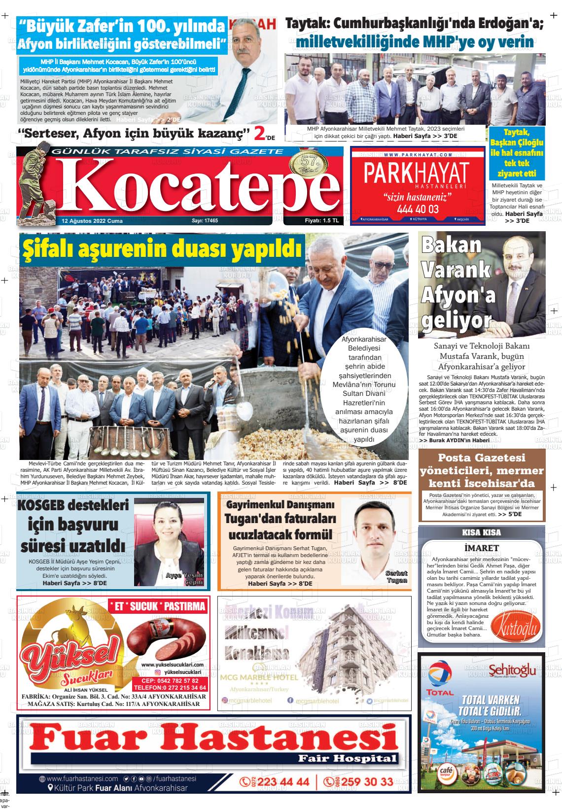 12 Ağustos 2022 Kocatepe Gazete Manşeti