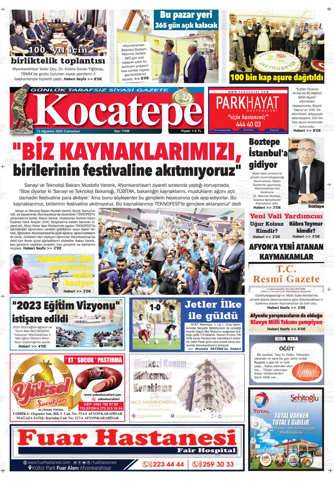 13 Ağustos 2022 Kocatepe Gazete Manşeti