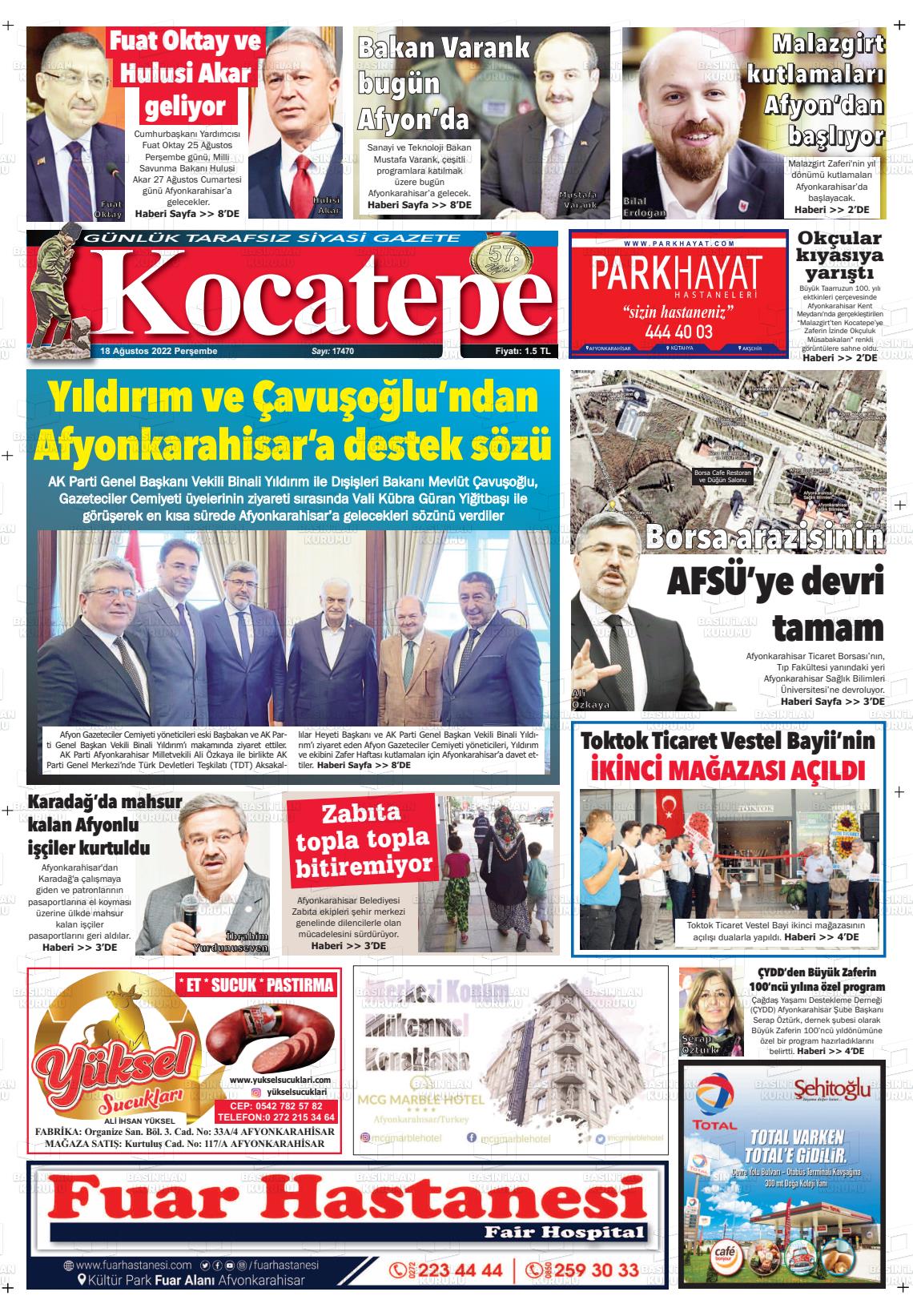 18 Ağustos 2022 Kocatepe Gazete Manşeti