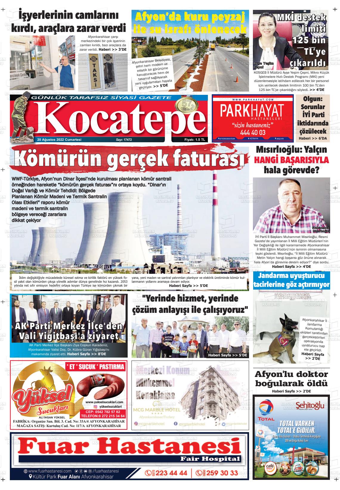 20 Ağustos 2022 Kocatepe Gazete Manşeti