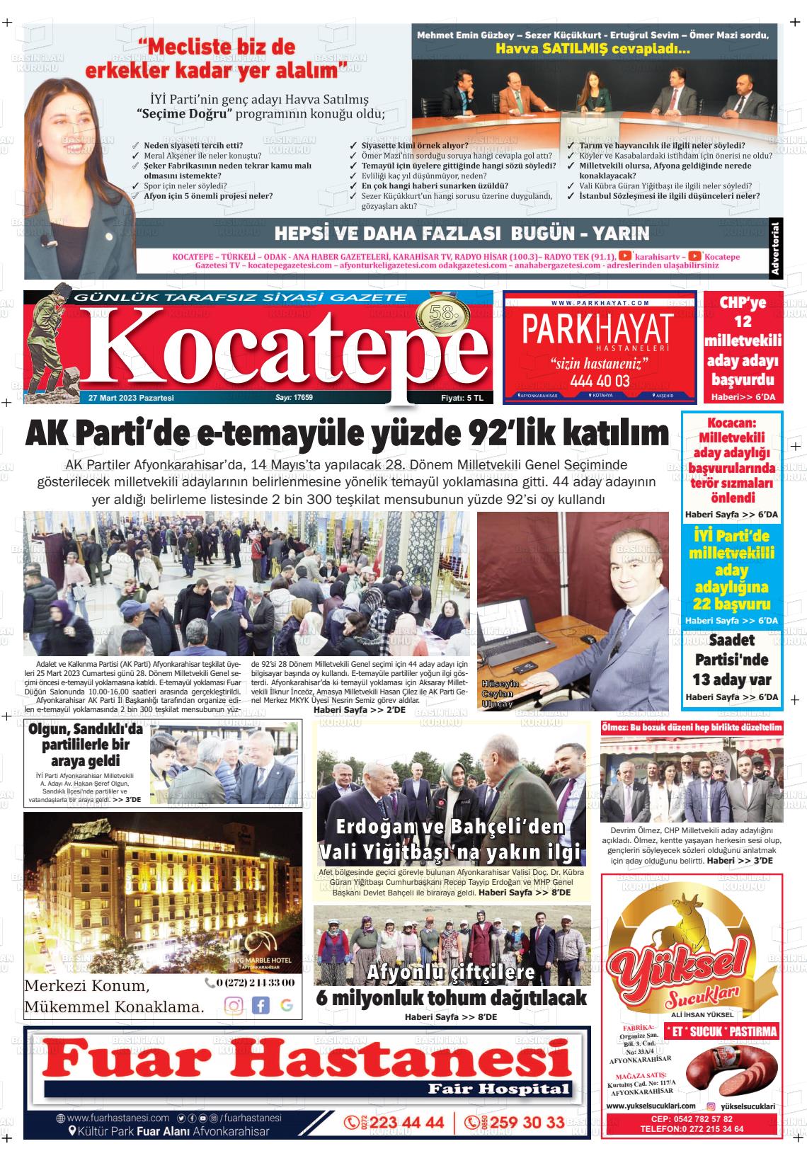 27 Mart 2023 Kocatepe Gazete Manşeti