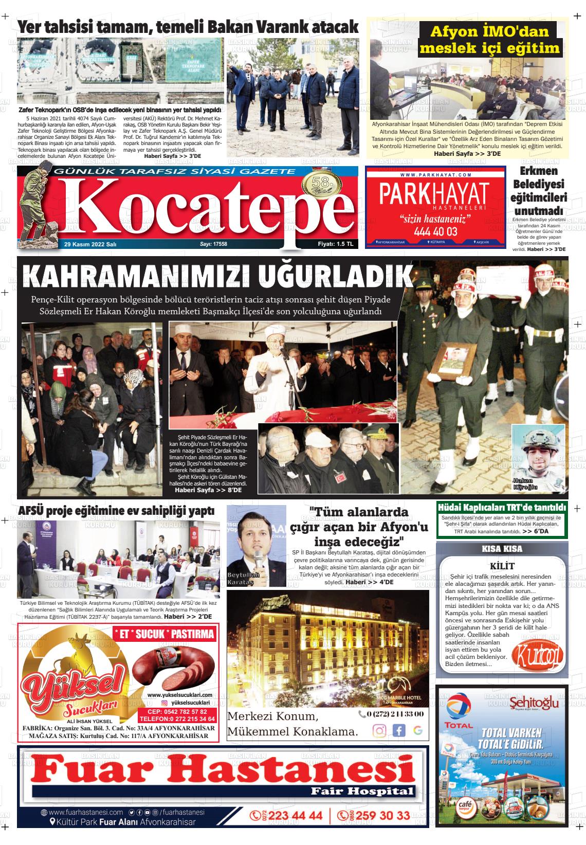 29 Kasım 2022 Kocatepe Gazete Manşeti