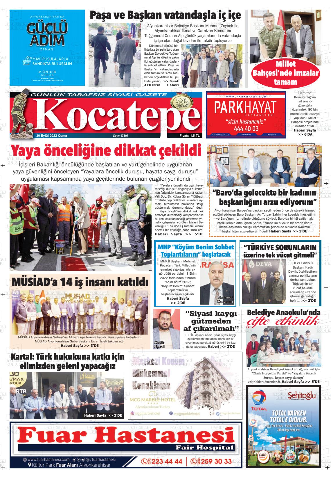 30 Eylül 2022 Kocatepe Gazete Manşeti