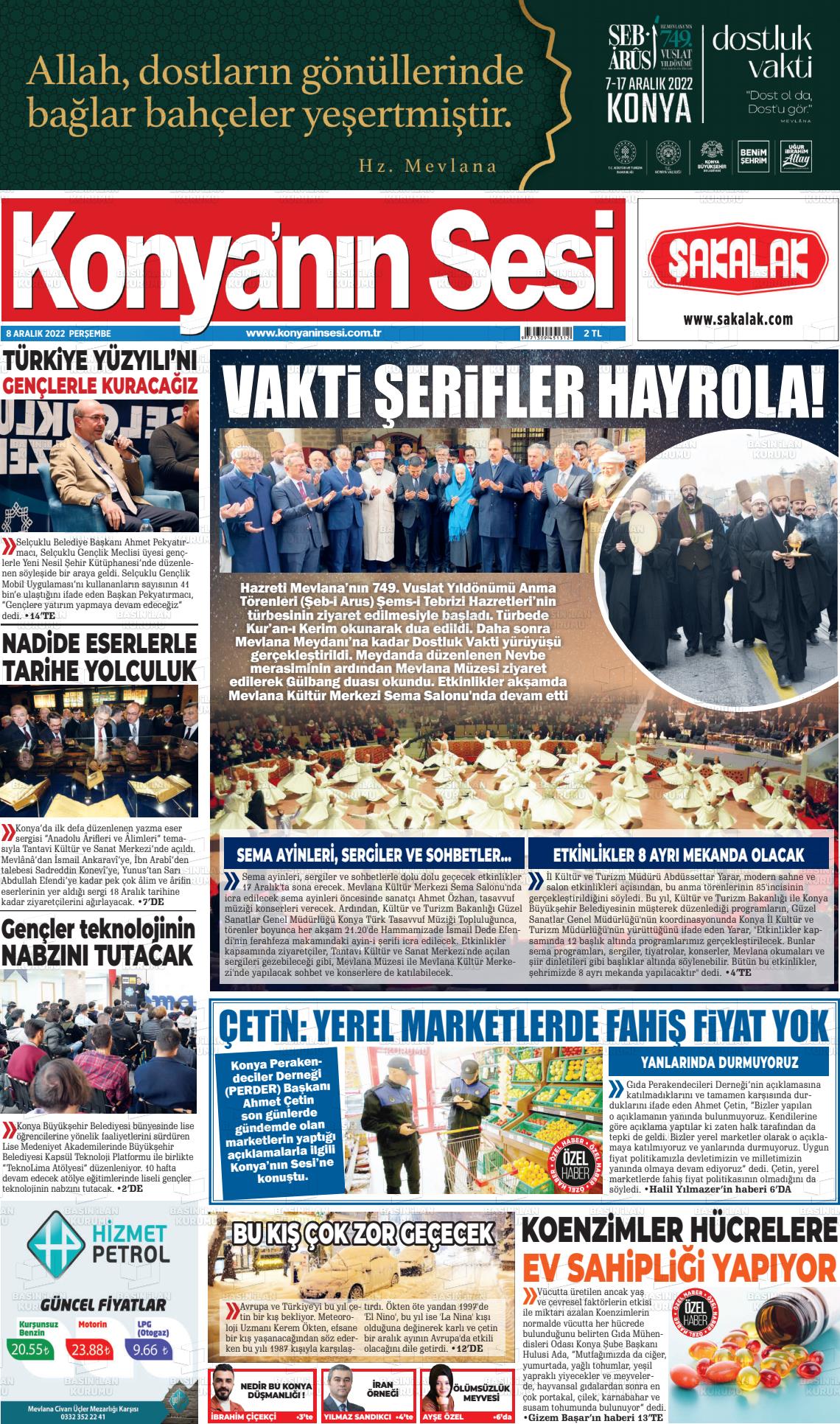 08 Aralık 2022 Konyanin Sesi Gazete Manşeti