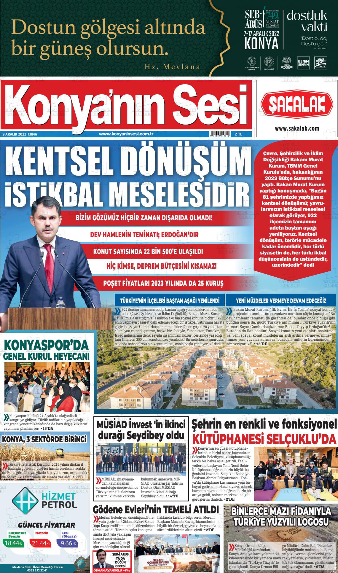 09 Aralık 2022 Konyanin Sesi Gazete Manşeti