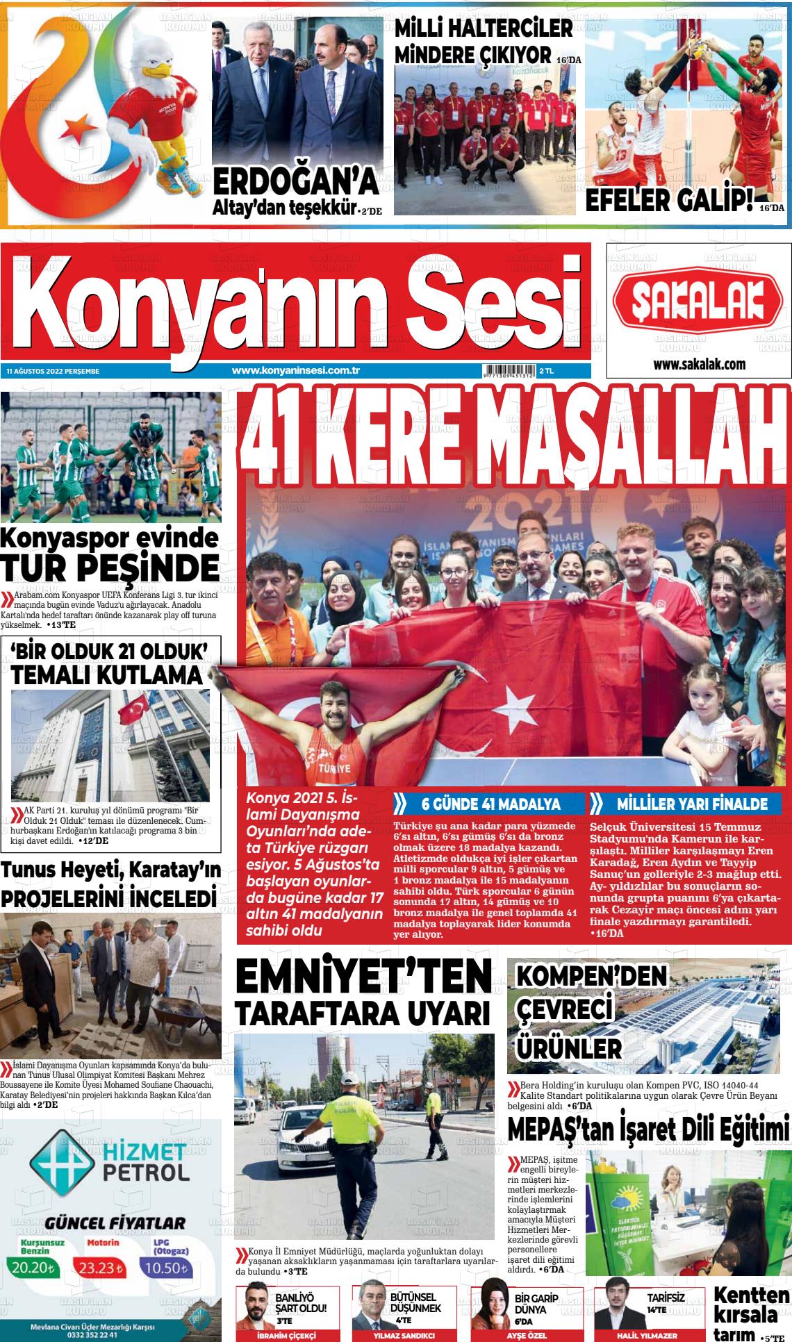 11 Ağustos 2022 Konyanin Sesi Gazete Manşeti