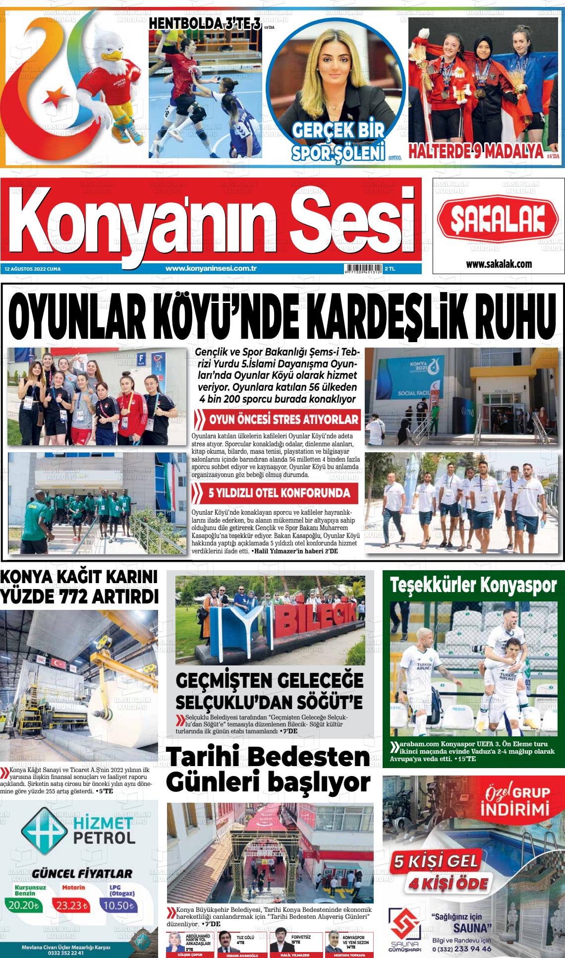 12 Ağustos 2022 Konyanin Sesi Gazete Manşeti