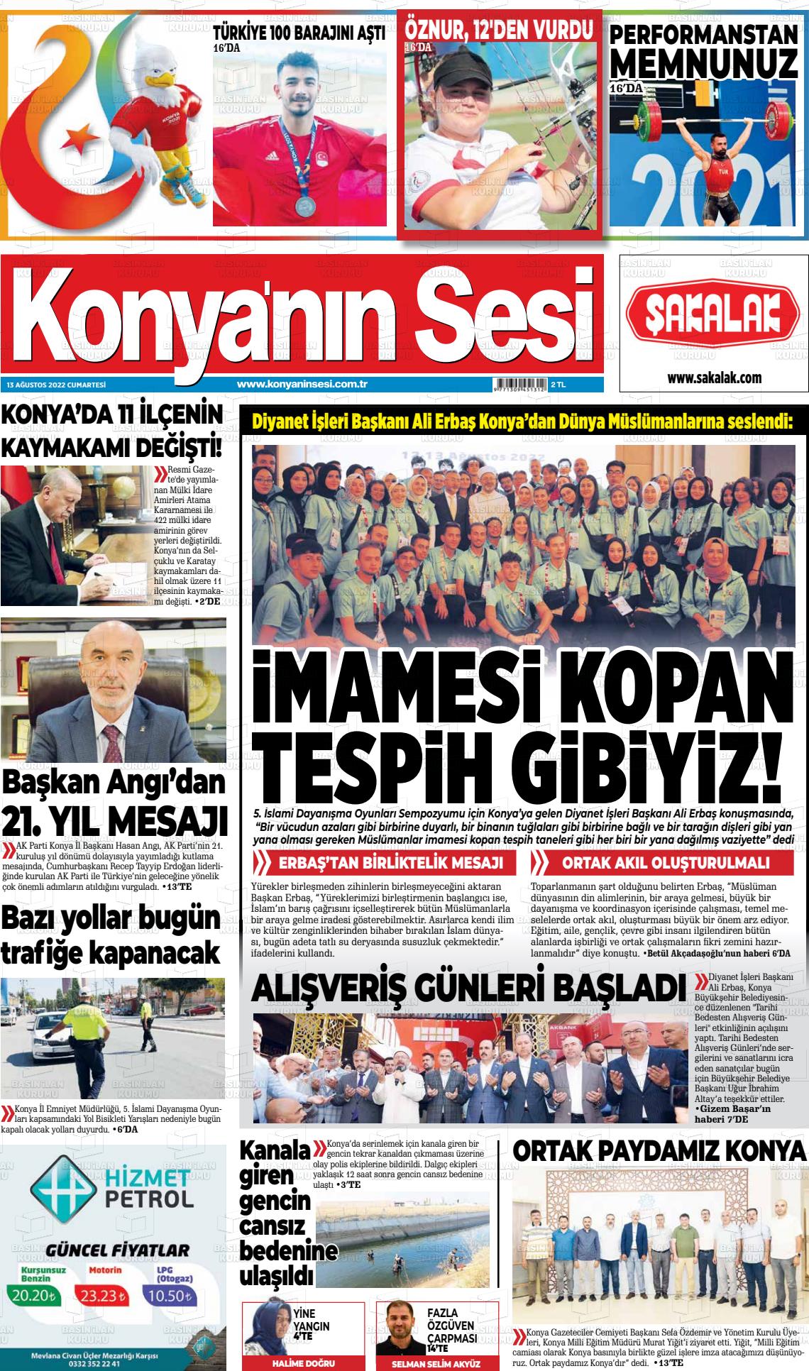 13 Ağustos 2022 Konyanin Sesi Gazete Manşeti
