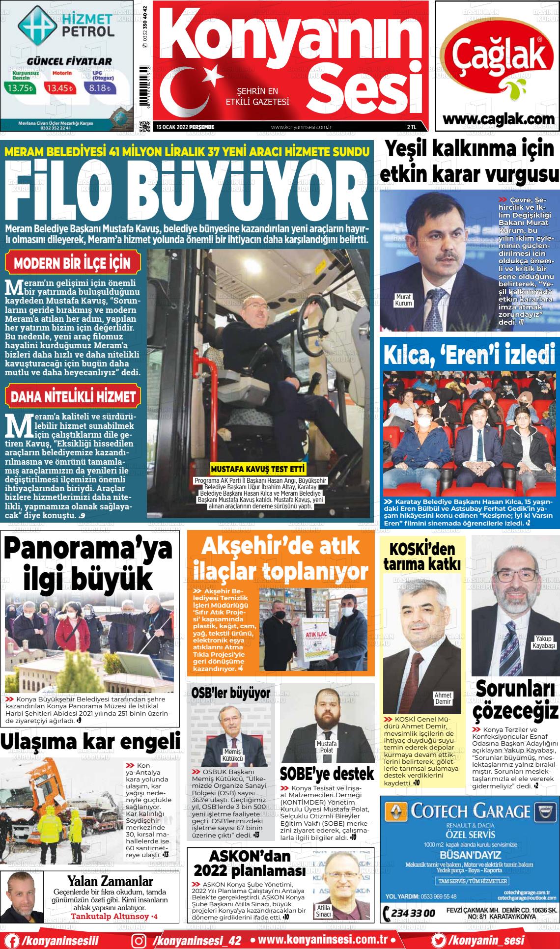 13 Ocak 2022 Konyanin Sesi Gazete Manşeti