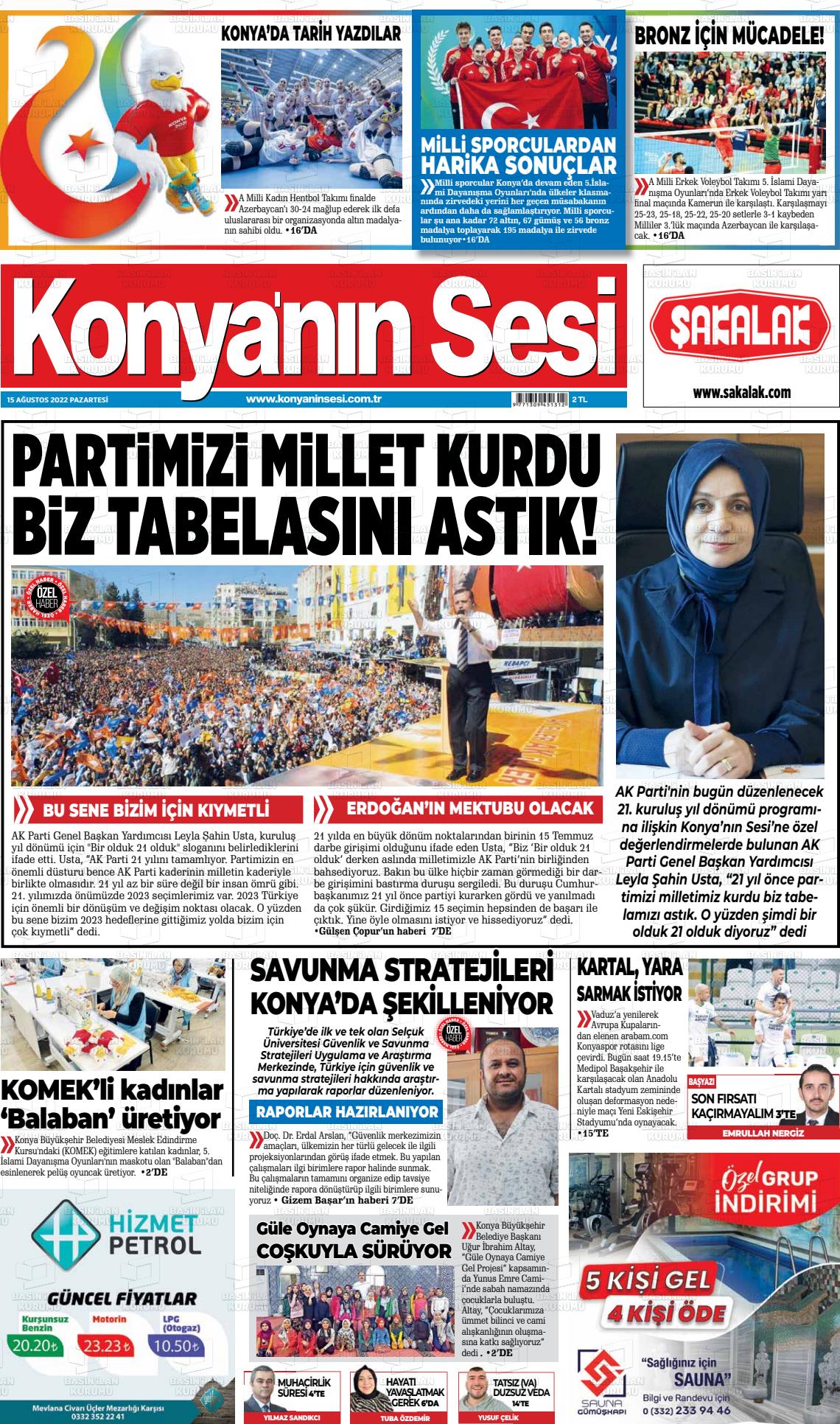 15 Ağustos 2022 Konyanin Sesi Gazete Manşeti