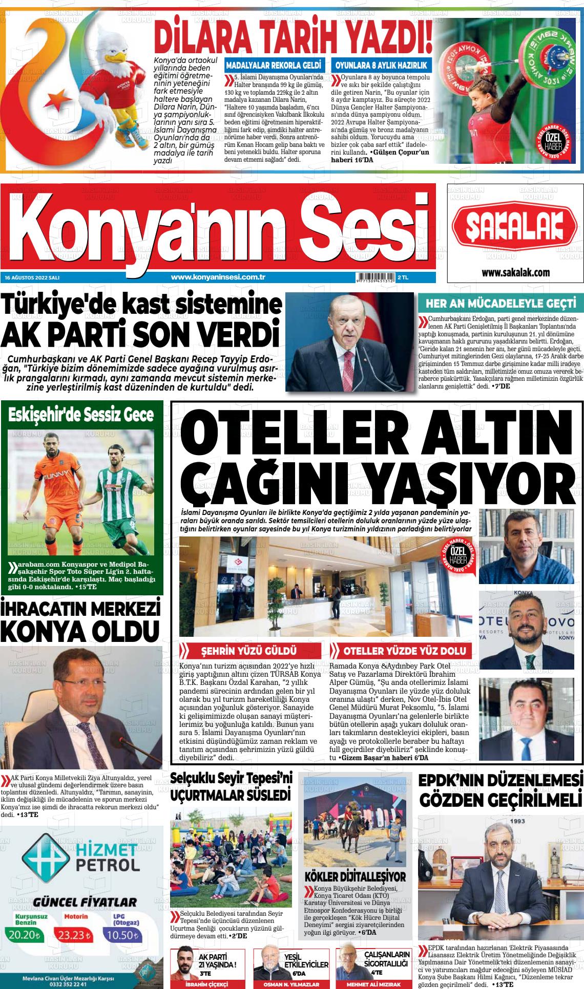16 Ağustos 2022 Konyanin Sesi Gazete Manşeti