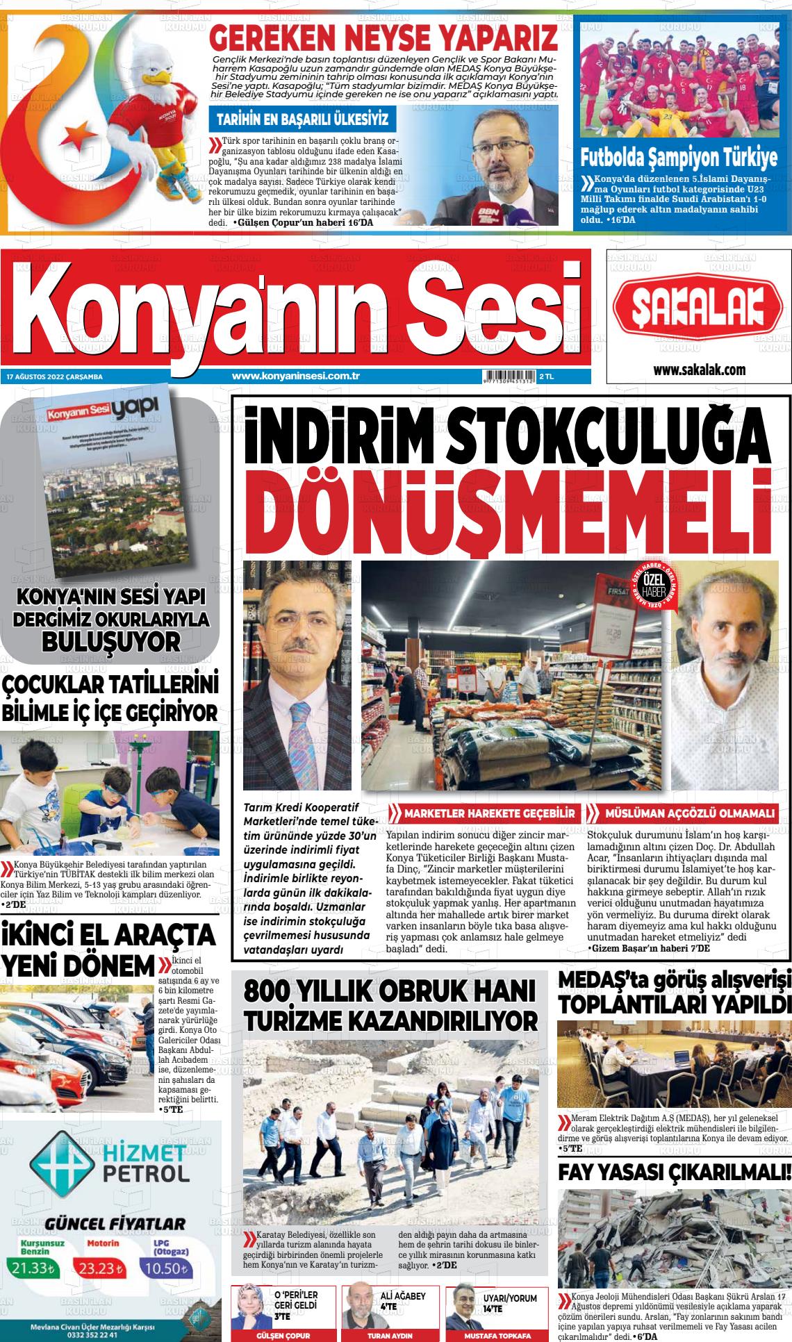 17 Ağustos 2022 Konyanin Sesi Gazete Manşeti