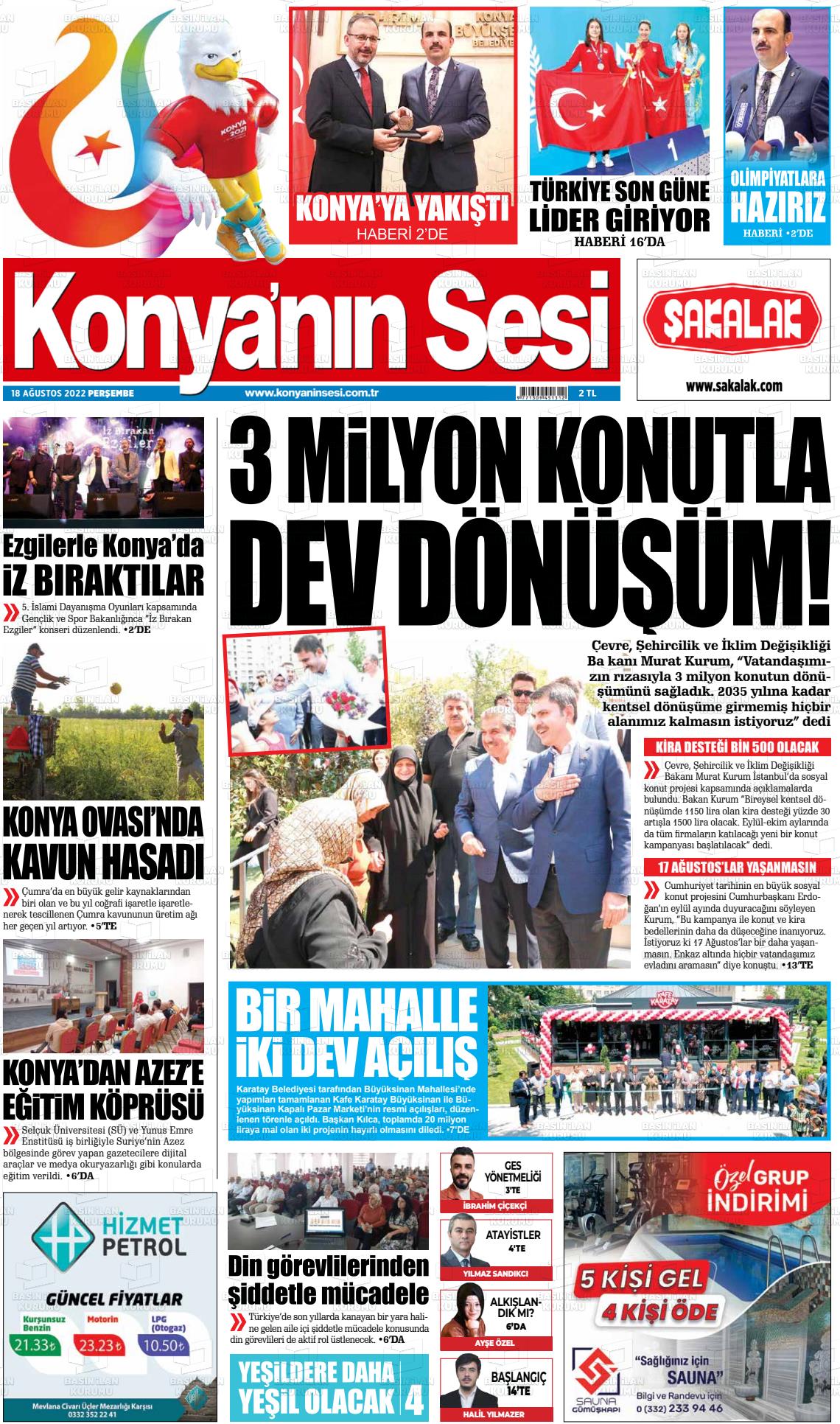 18 Ağustos 2022 Konyanin Sesi Gazete Manşeti