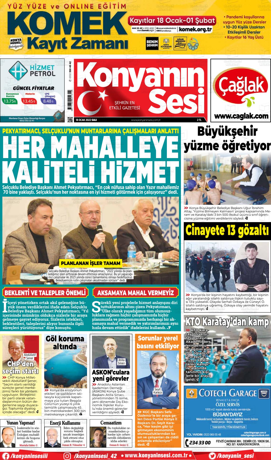 18 Ocak 2022 Konyanin Sesi Gazete Manşeti