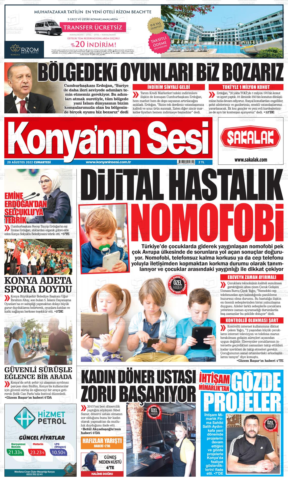 20 Ağustos 2022 Konyanin Sesi Gazete Manşeti