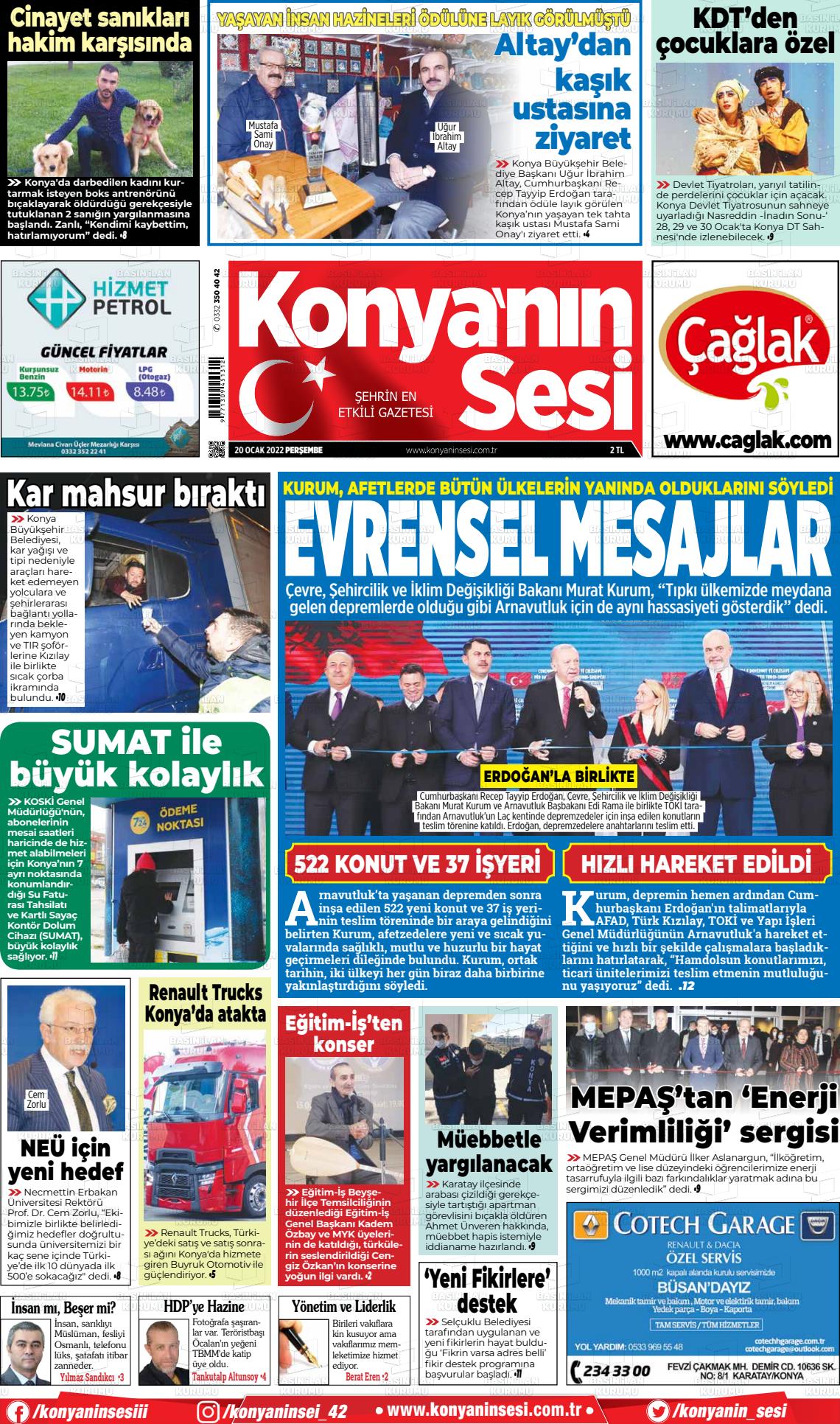 20 Ocak 2022 Konyanin Sesi Gazete Manşeti