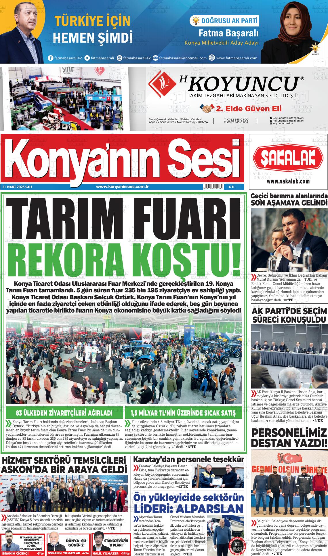 21 Mart 2023 Konyanin Sesi Gazete Manşeti