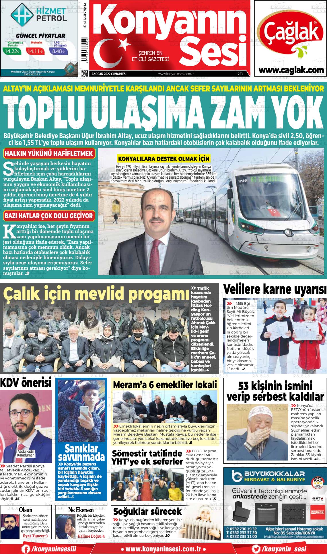 22 Ocak 2022 Konyanin Sesi Gazete Manşeti