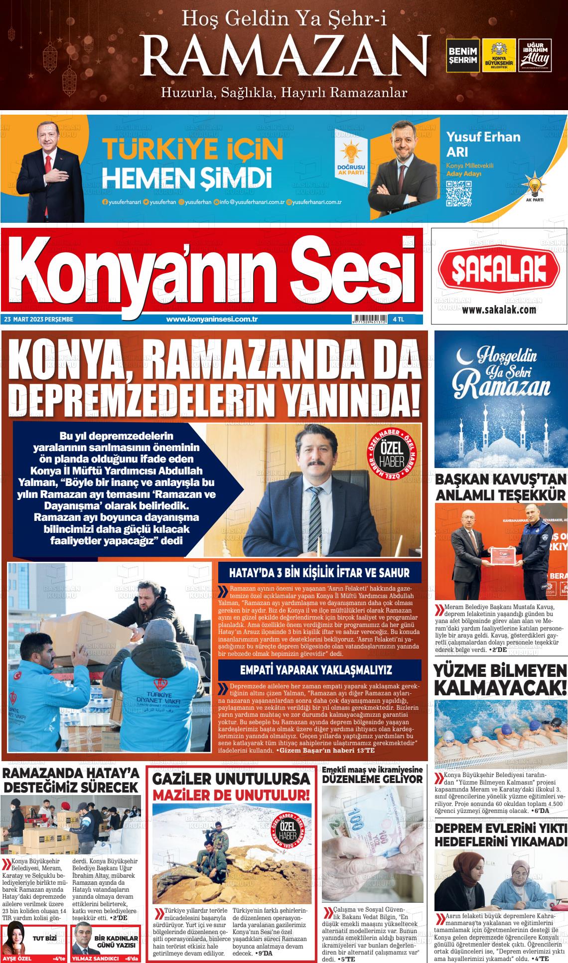 23 Mart 2023 Konyanin Sesi Gazete Manşeti