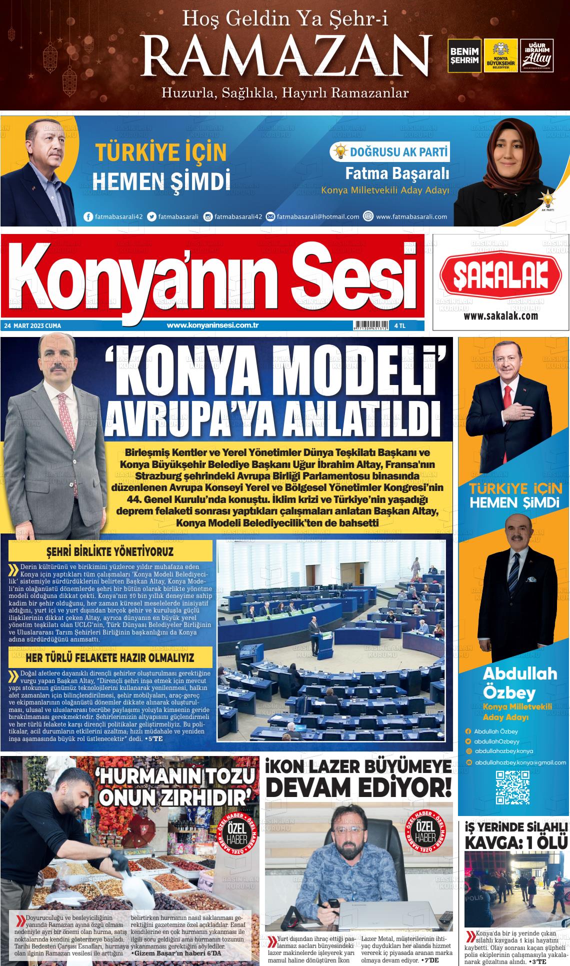 24 Mart 2023 Konyanin Sesi Gazete Manşeti