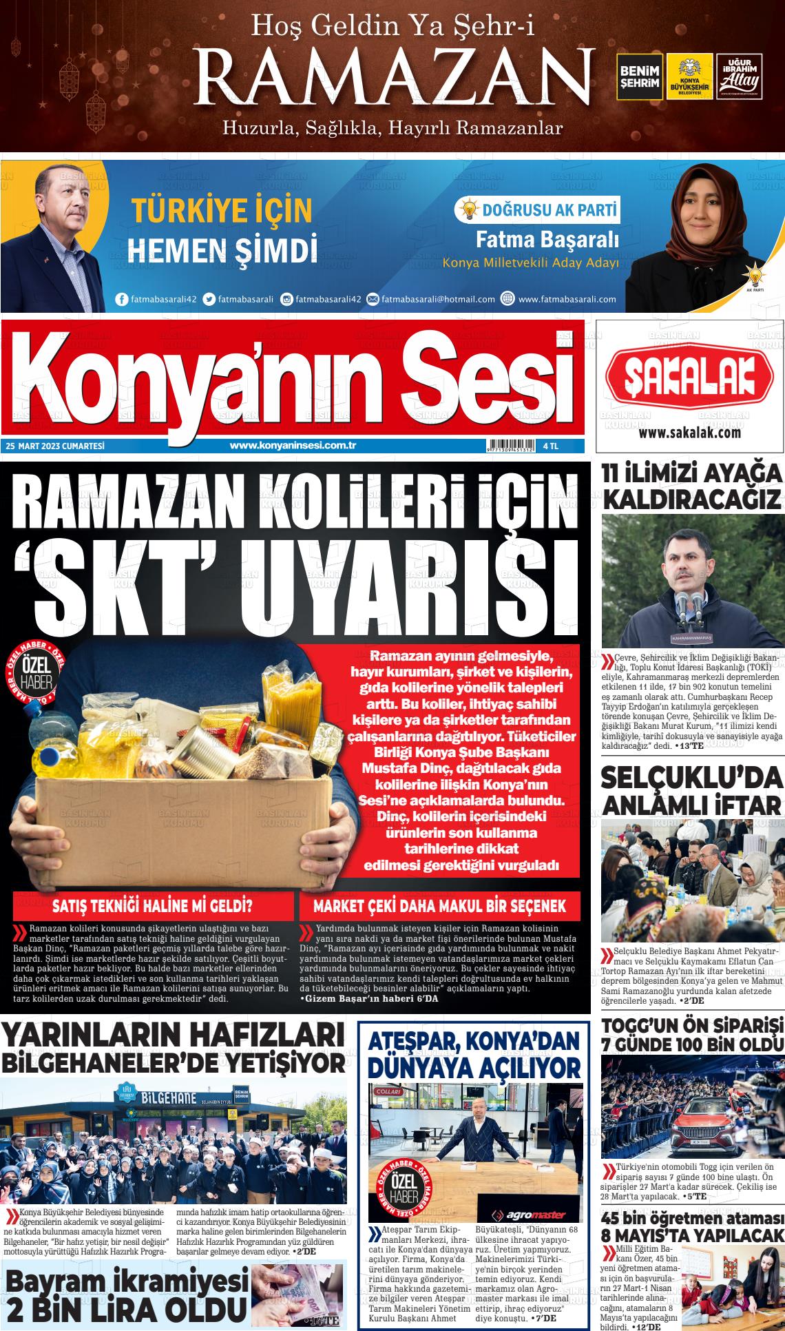 25 Mart 2023 Konyanin Sesi Gazete Manşeti