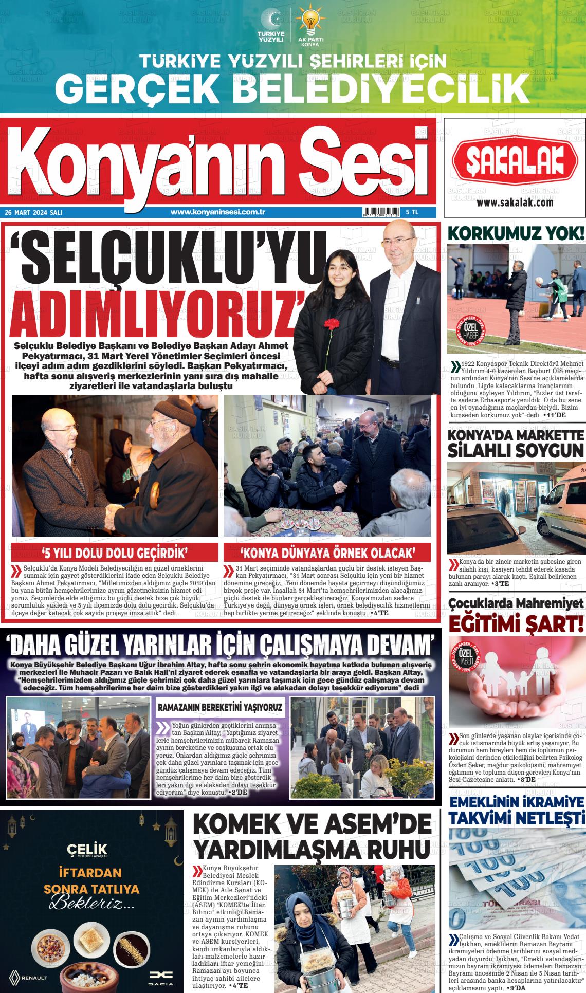 26 Mart 2024 Konyanin Sesi Gazete Manşeti
