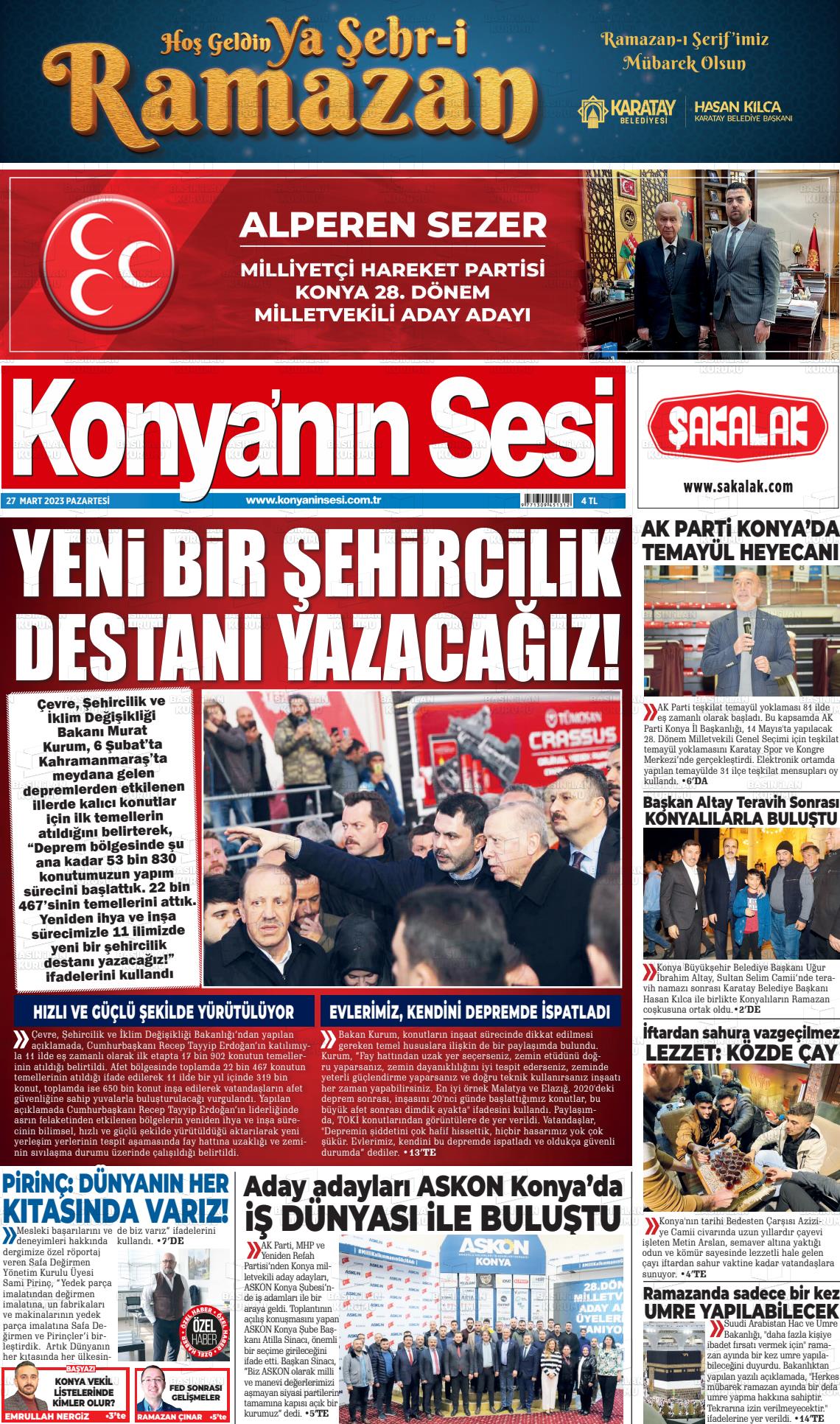 27 Mart 2023 Konyanin Sesi Gazete Manşeti
