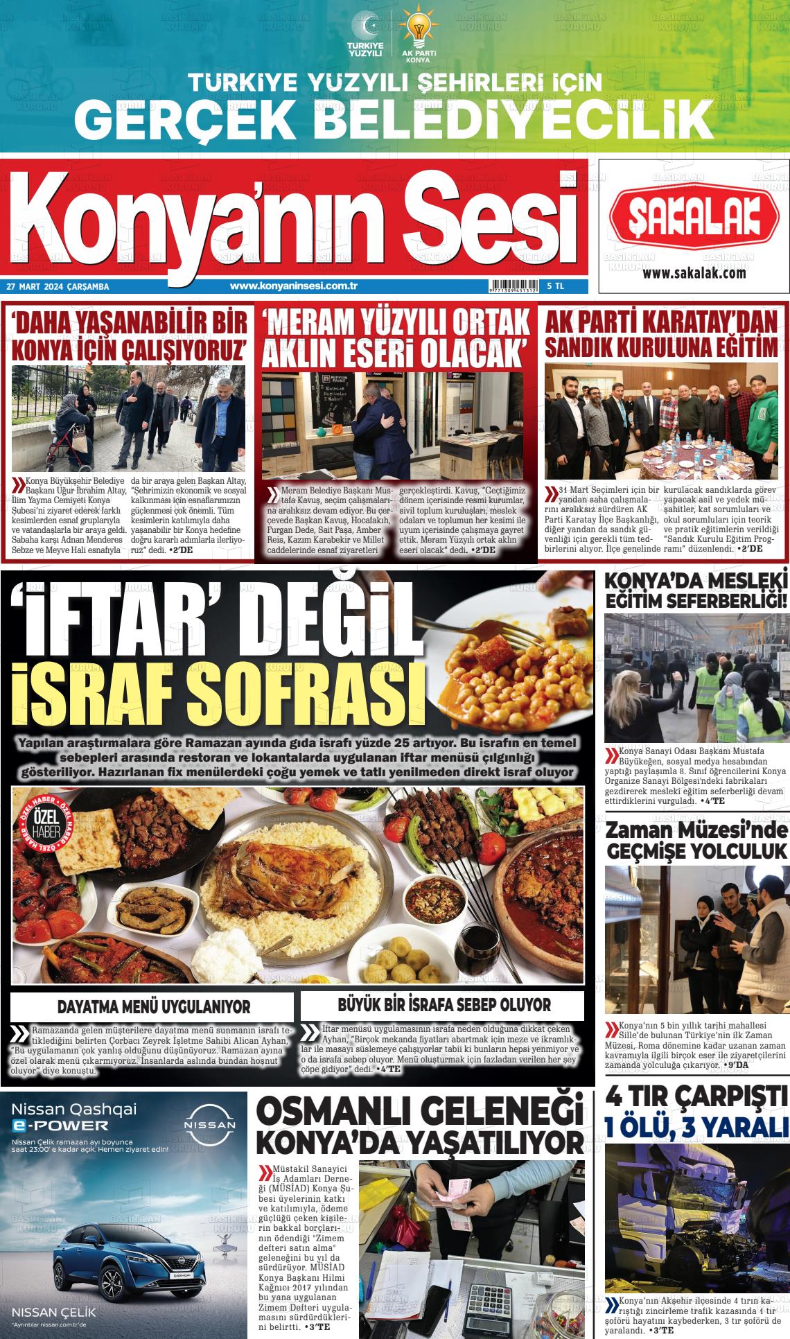 27 Mart 2024 Konyanin Sesi Gazete Manşeti