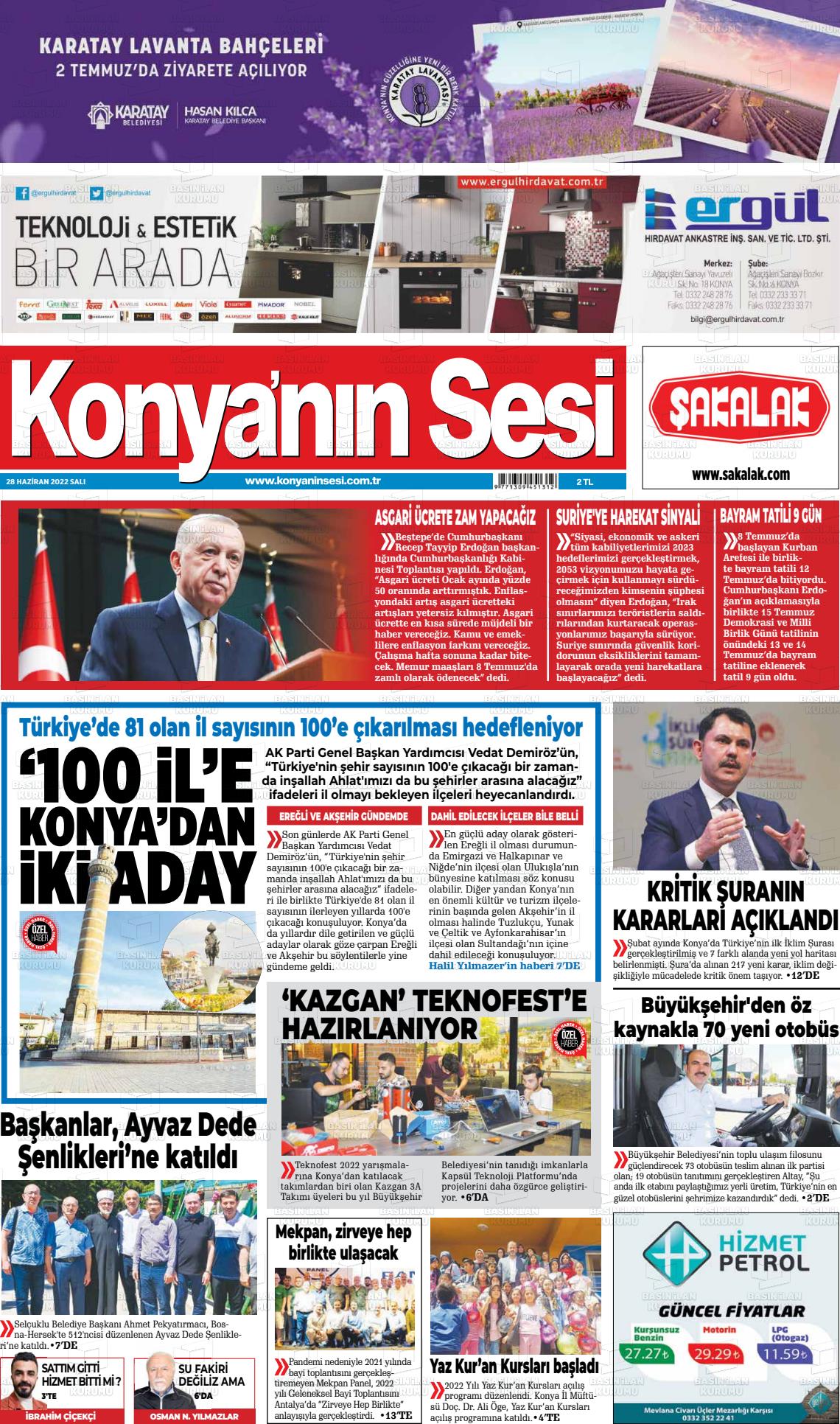 28 Haziran 2022 Konyanin Sesi Gazete Manşeti