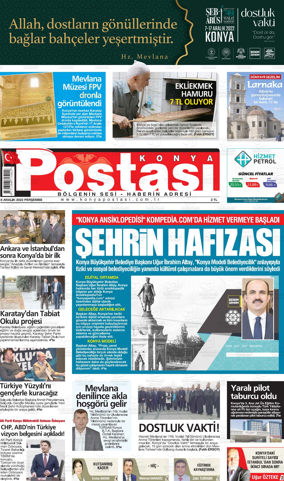08 Aralık 2022 Konya Postası Gazete Manşeti