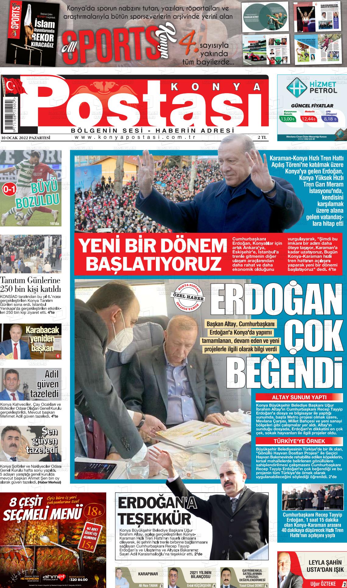 10 Ocak 2022 Konya Postası Gazete Manşeti