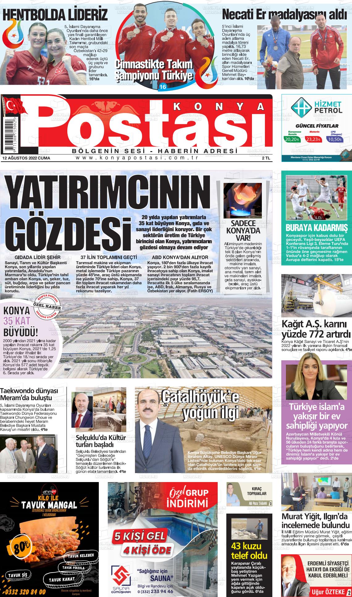 12 Ağustos 2022 Konya Postası Gazete Manşeti