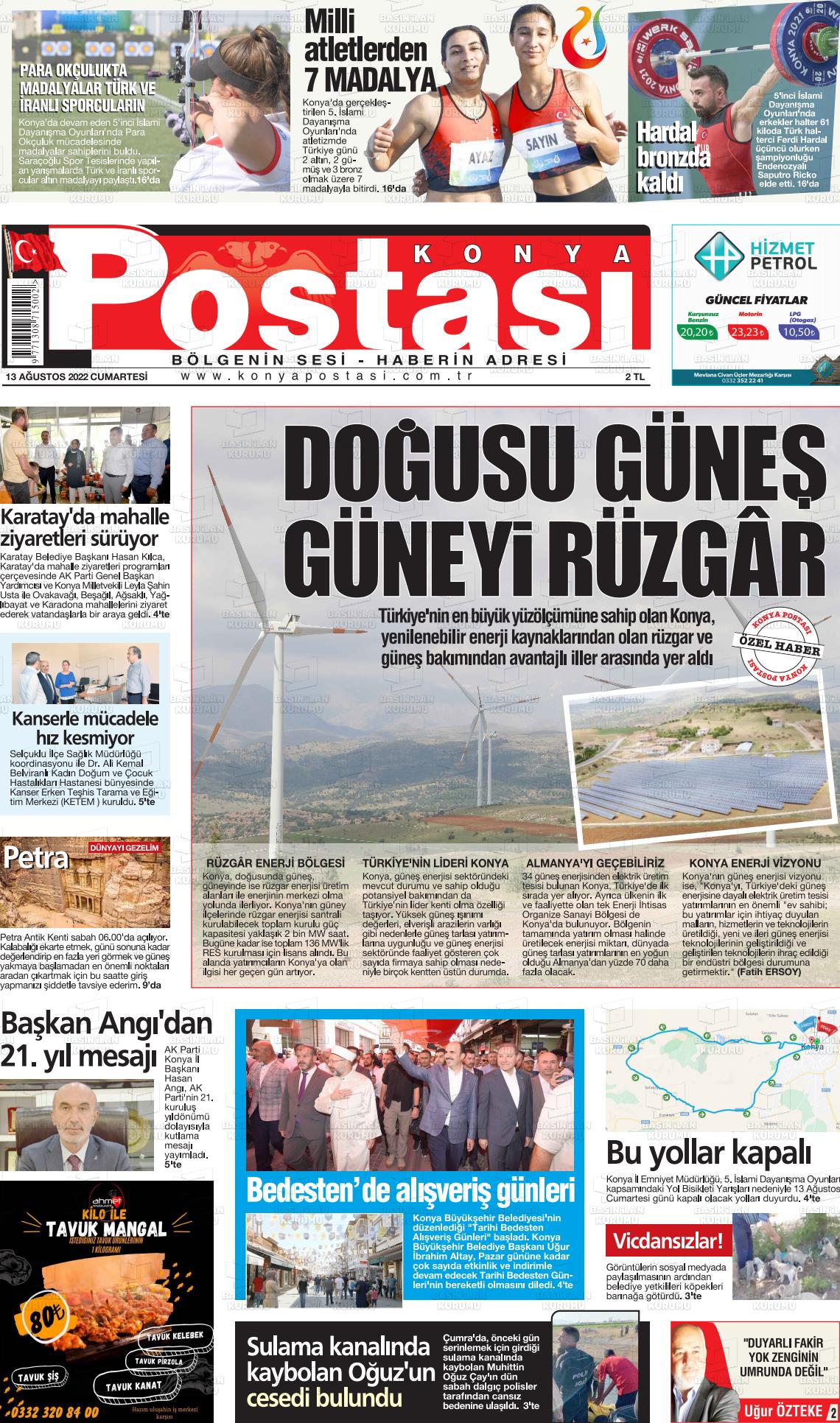 13 Ağustos 2022 Konya Postası Gazete Manşeti