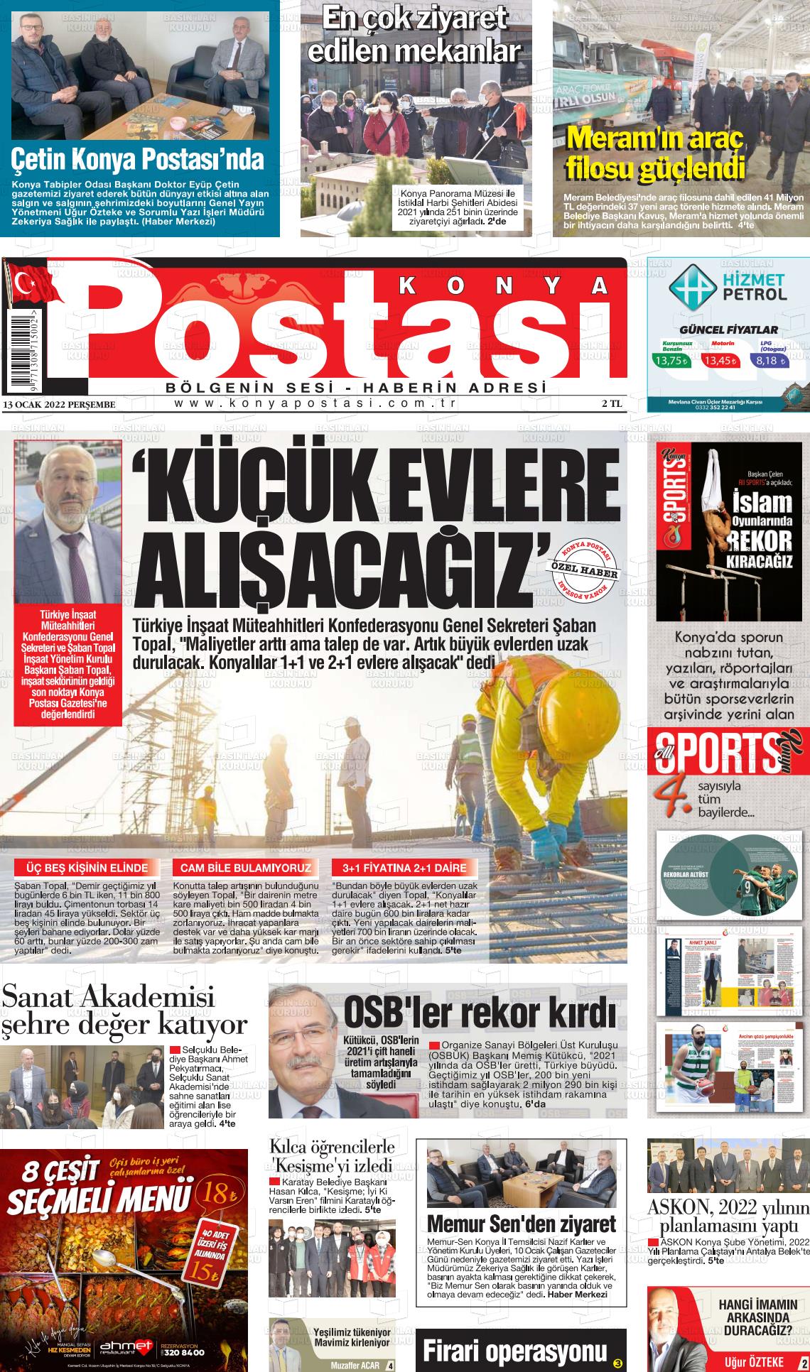 13 Ocak 2022 Konya Postası Gazete Manşeti