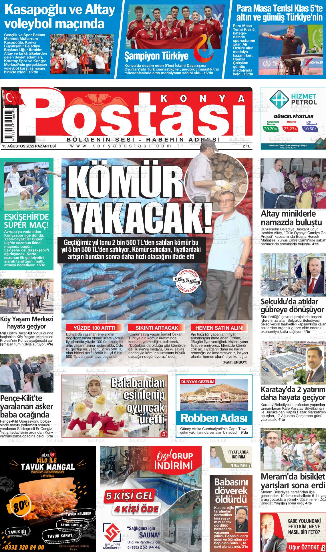 15 Ağustos 2022 Konya Postası Gazete Manşeti