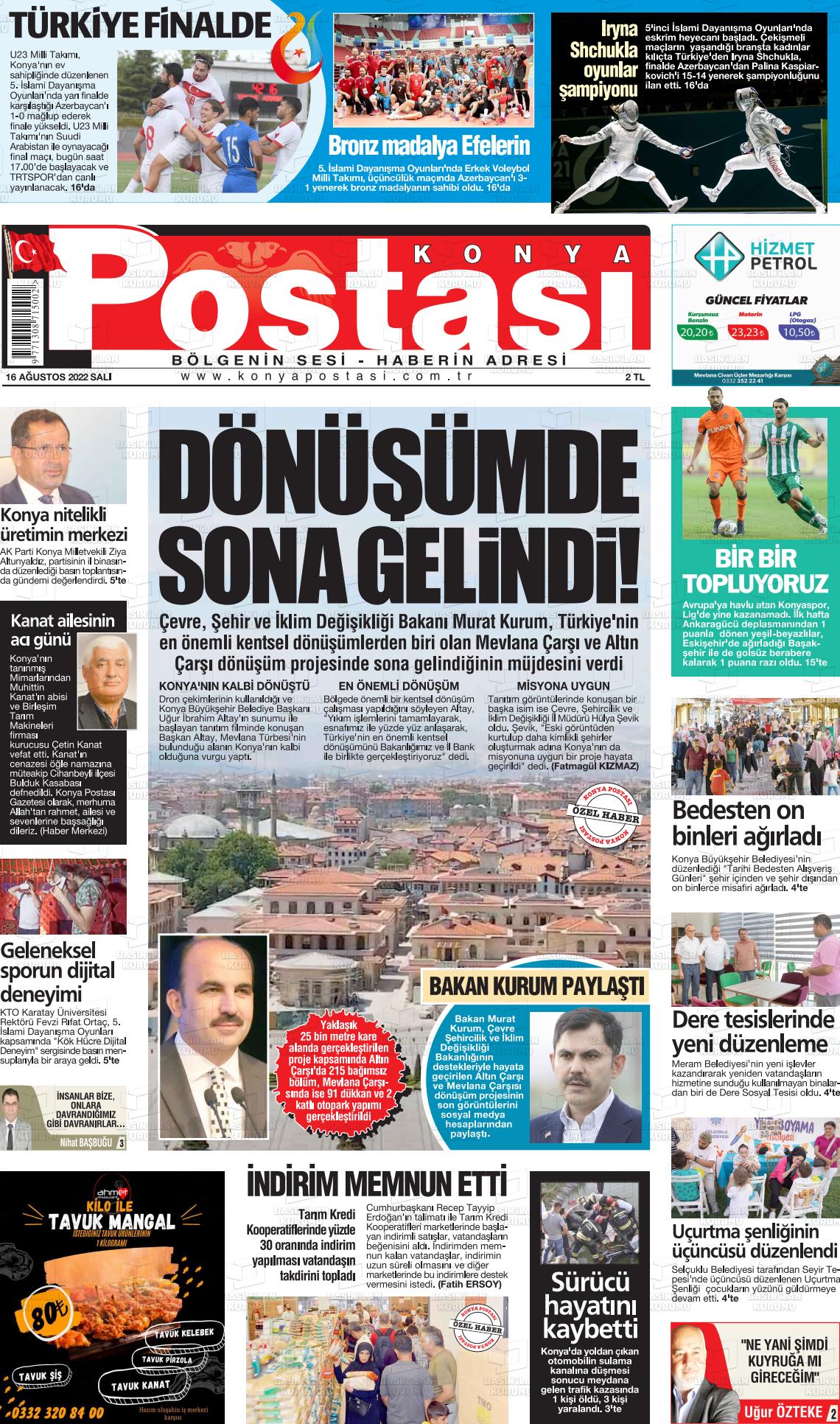 16 Ağustos 2022 Konya Postası Gazete Manşeti