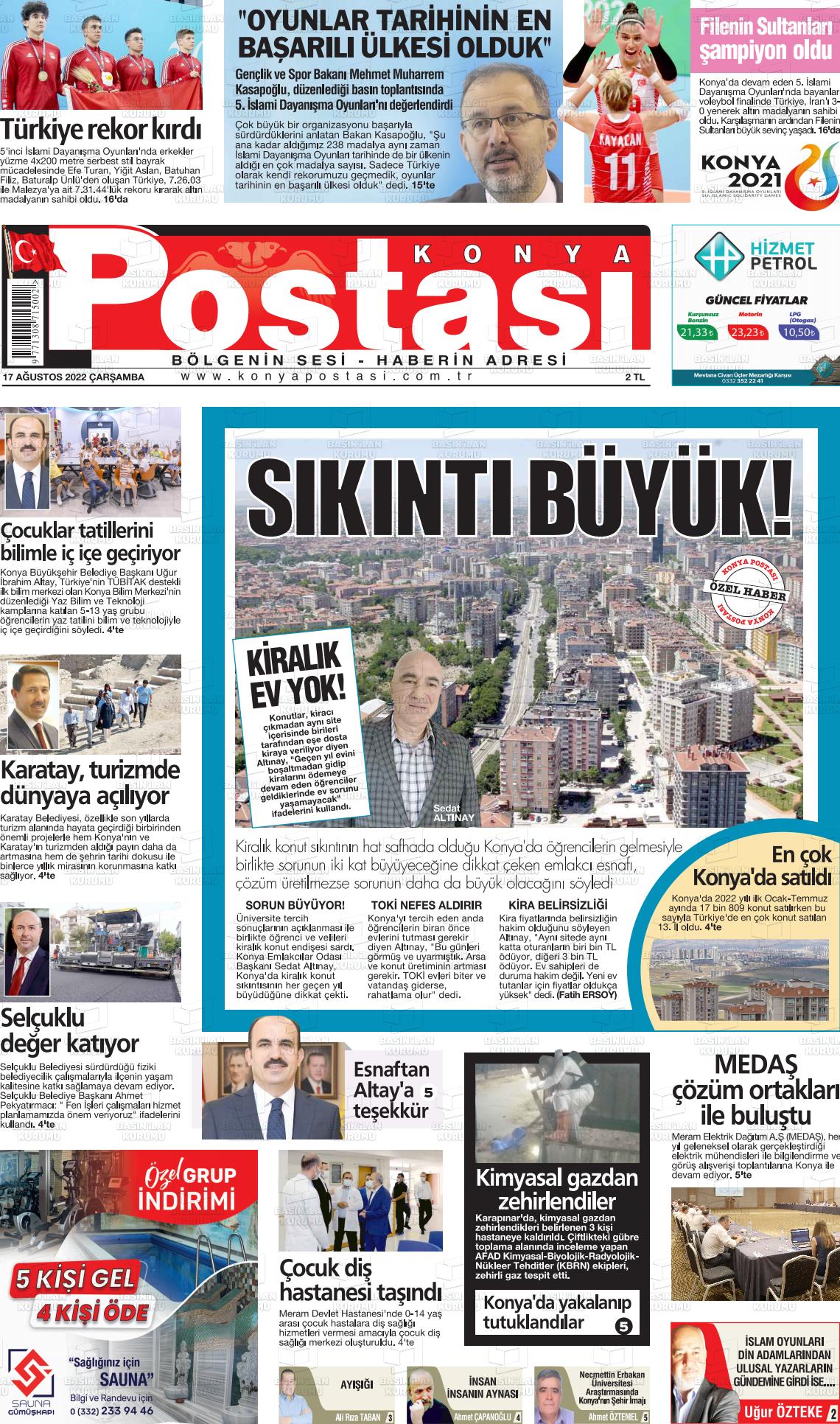 17 Ağustos 2022 Konya Postası Gazete Manşeti
