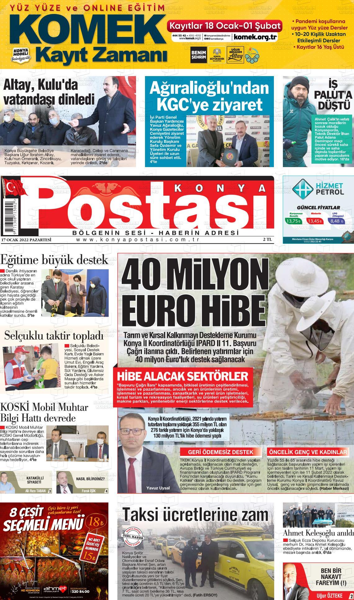 17 Ocak 2022 Konya Postası Gazete Manşeti