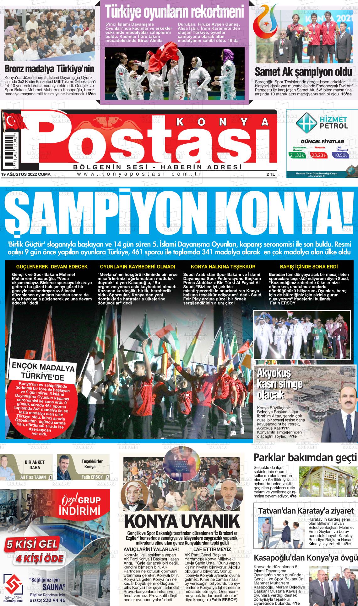 19 Ağustos 2022 Konya Postası Gazete Manşeti