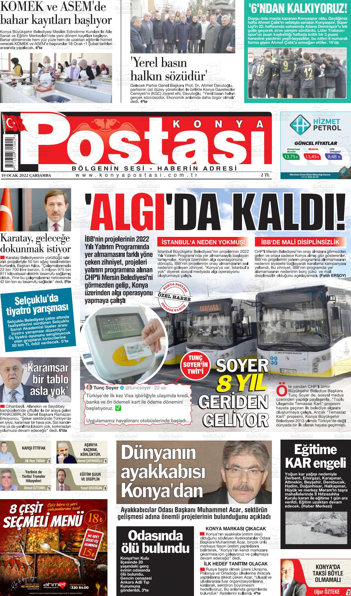 19 Ocak 2022 Konya Postası Gazete Manşeti